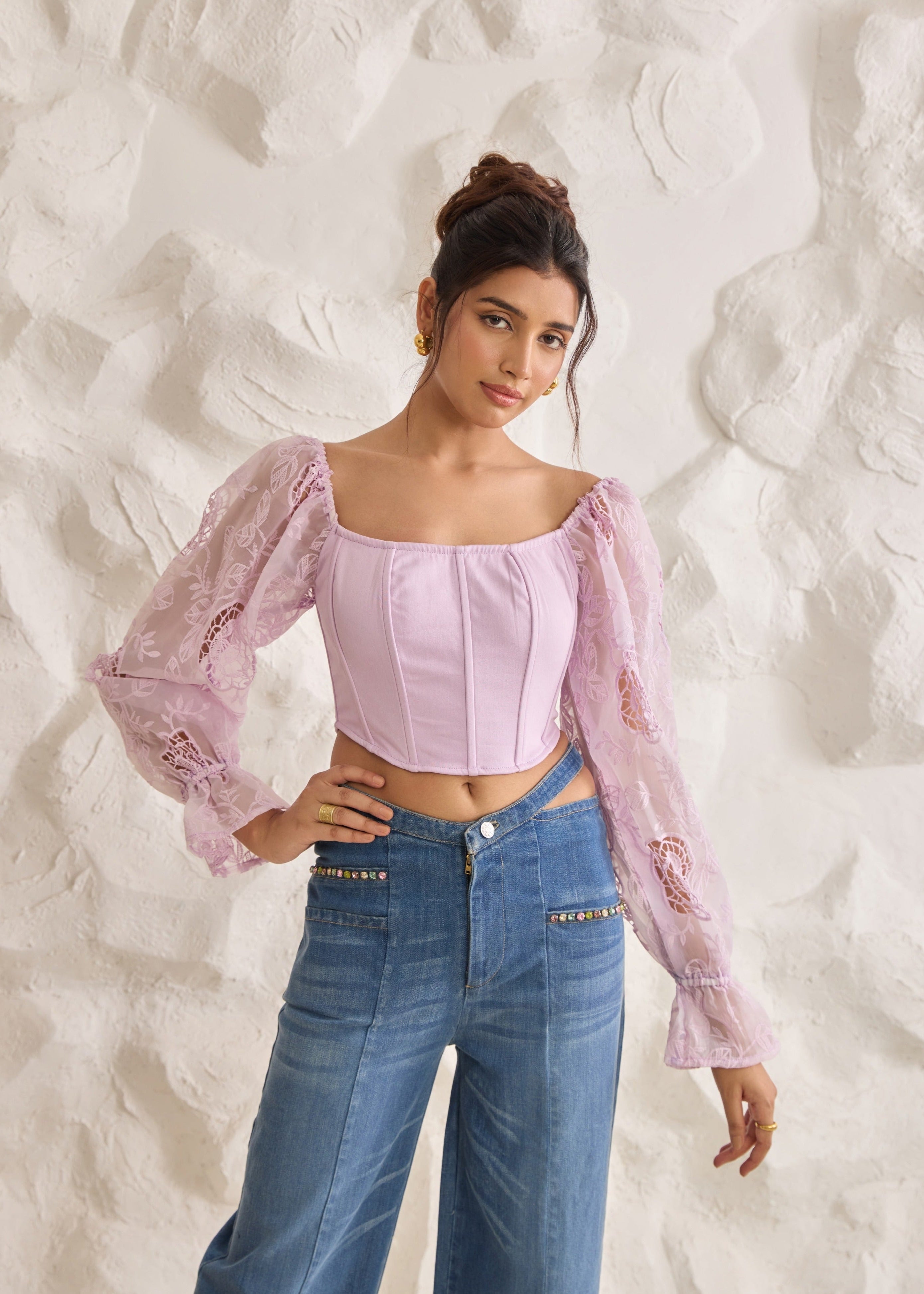 Sasha Lavender Embroidered Organza Sleeve Corset Top with intricate floral embroidery and sheer puff sleeves