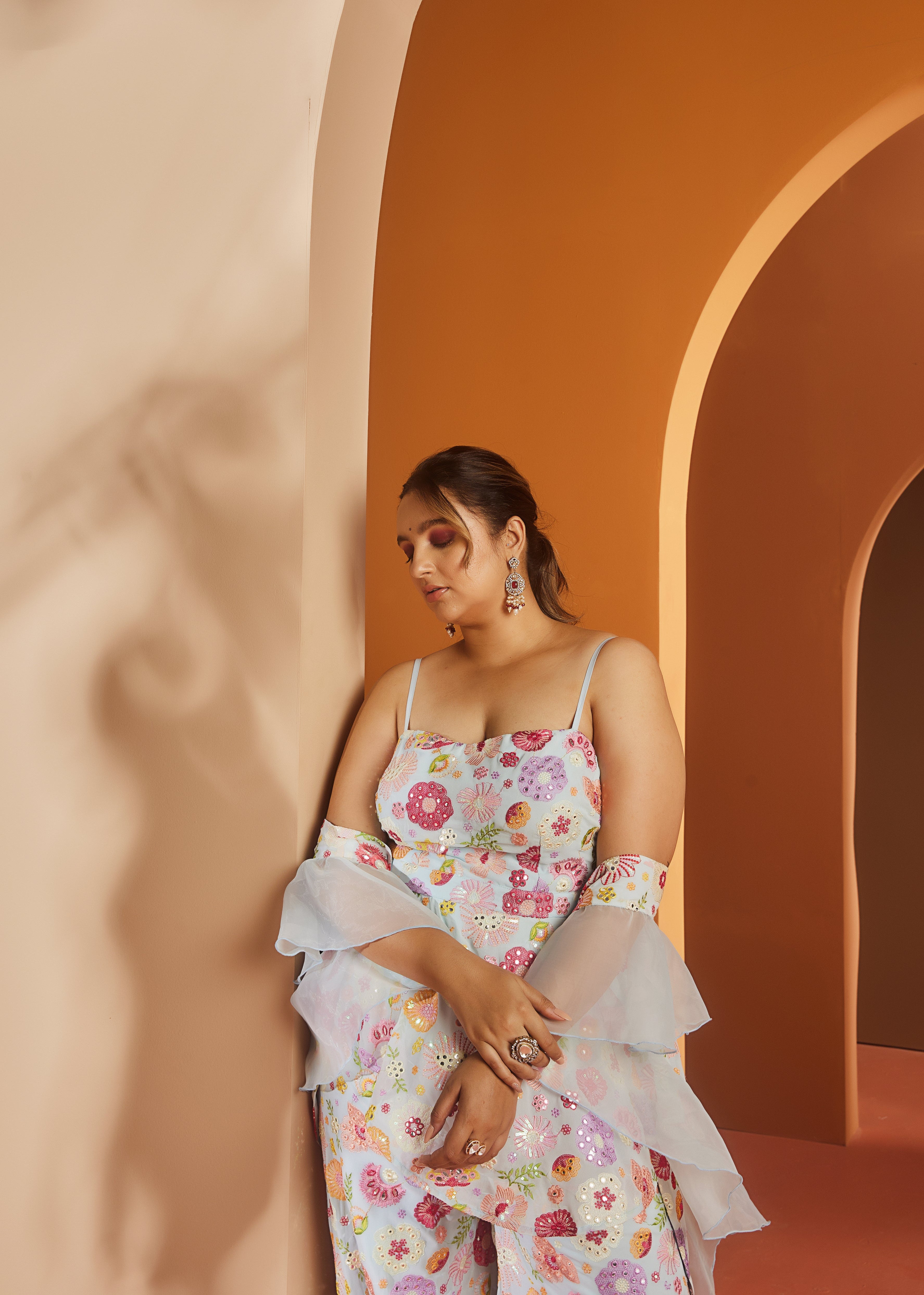 Shyla Baby Blue Embroidered Sharara Set with intricate embroidery on a soft blue fabric for a chic and graceful look