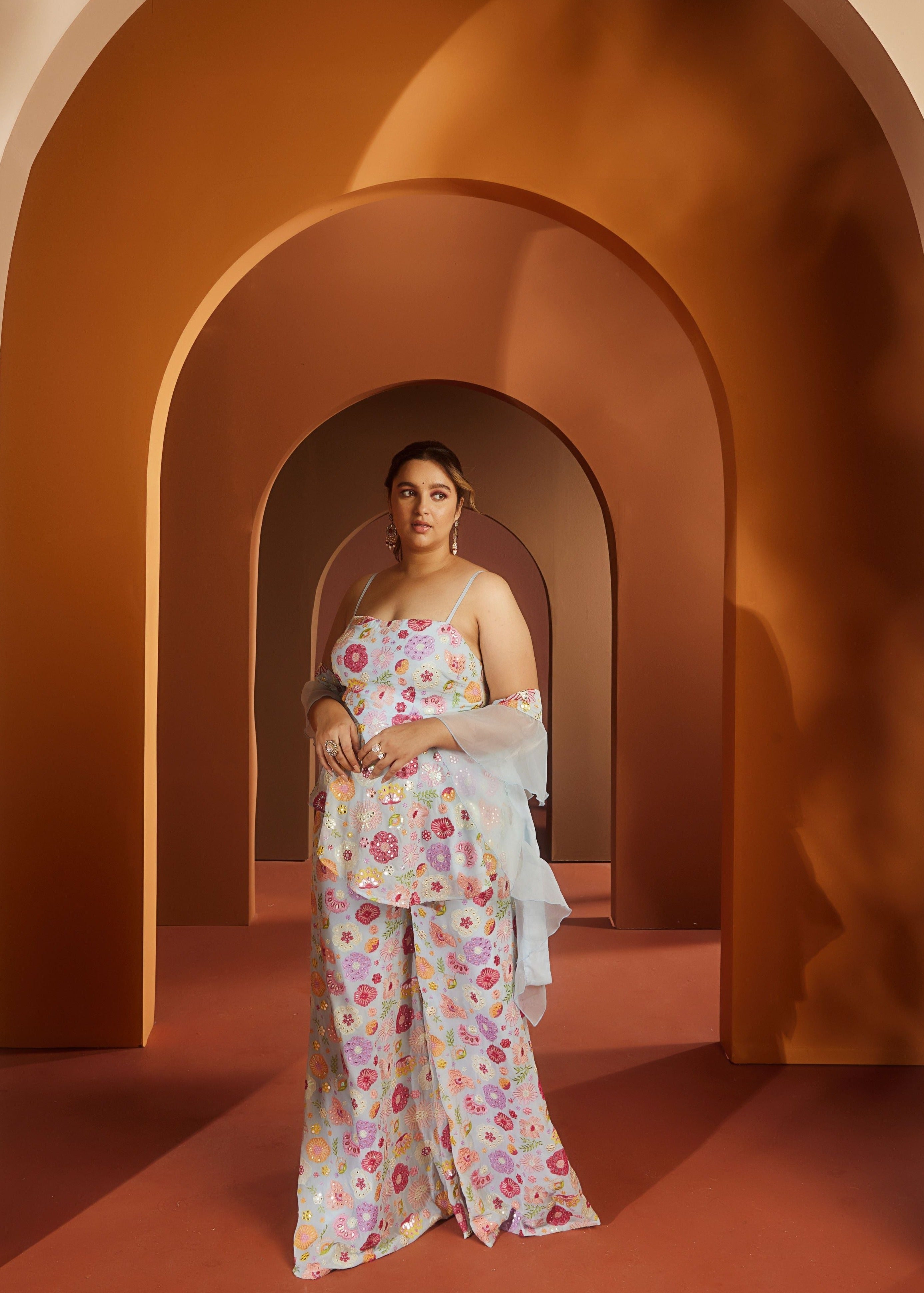 Shyla Baby Blue Embroidered Sharara Set with intricate embroidery on a soft blue fabric for a chic and graceful look