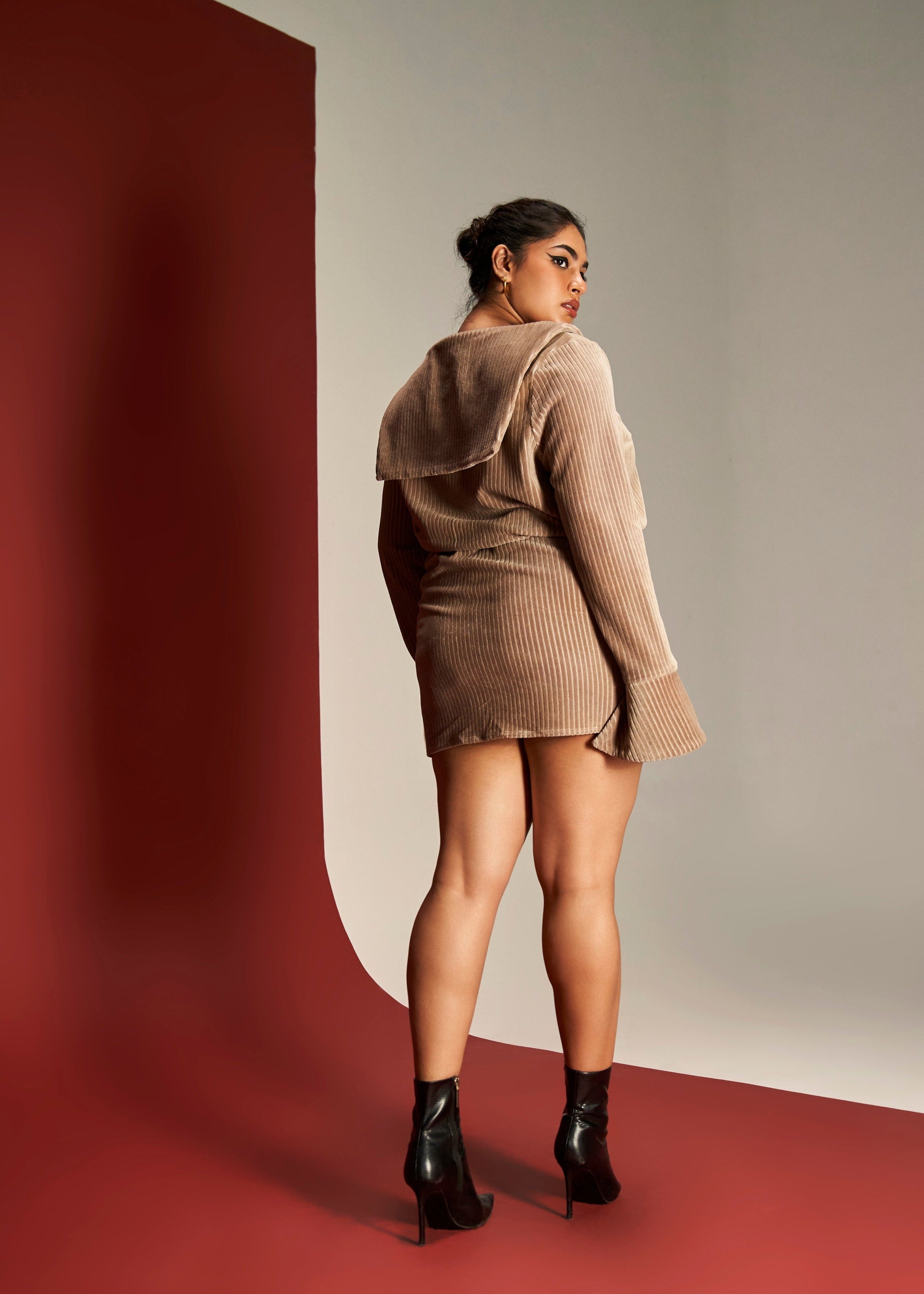 Sienna tan ribbed velvet lounge mini dress for a cozy yet chic look