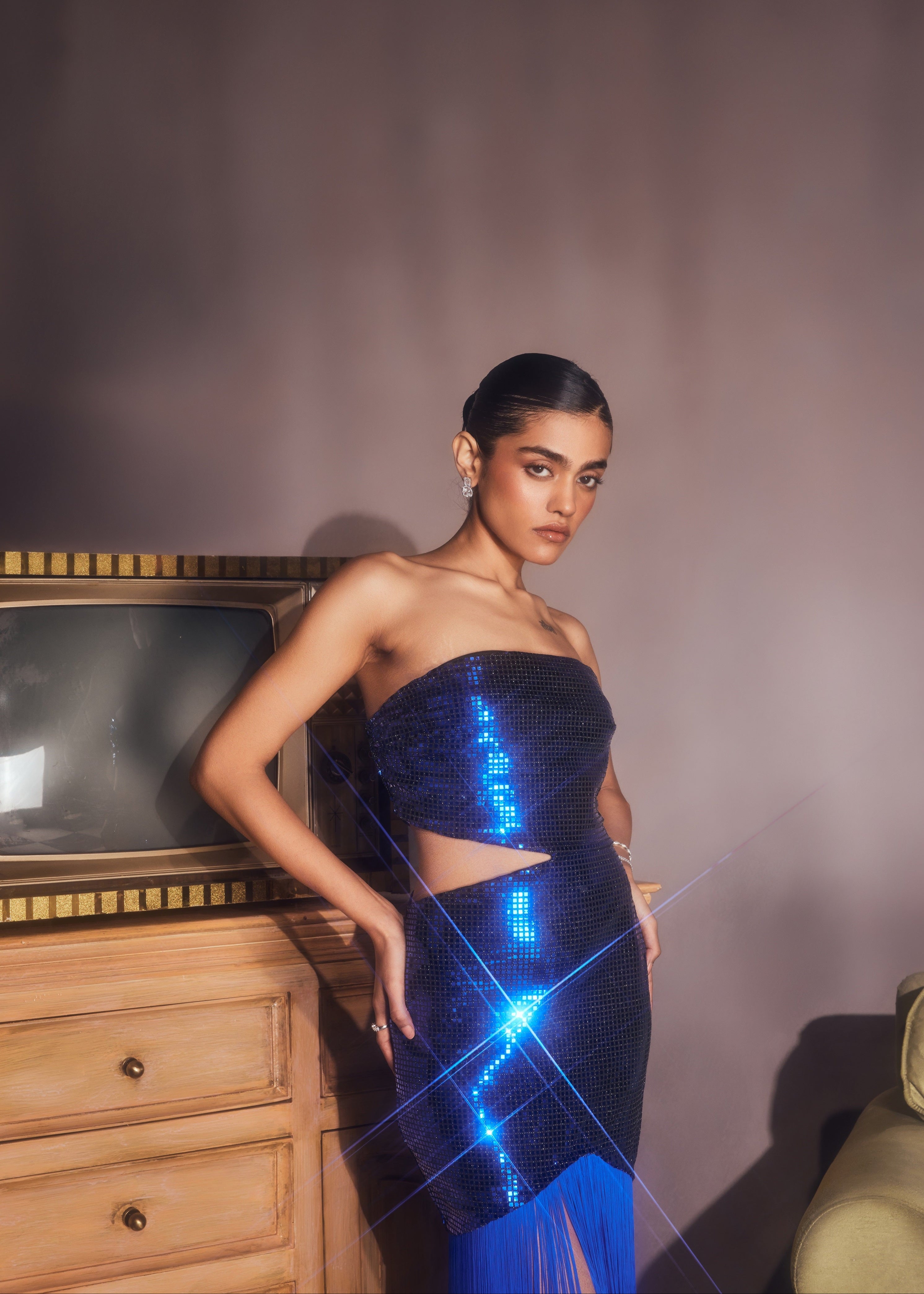 Siona blue shine tassel dress with a shimmering finish and playful tassel detailing