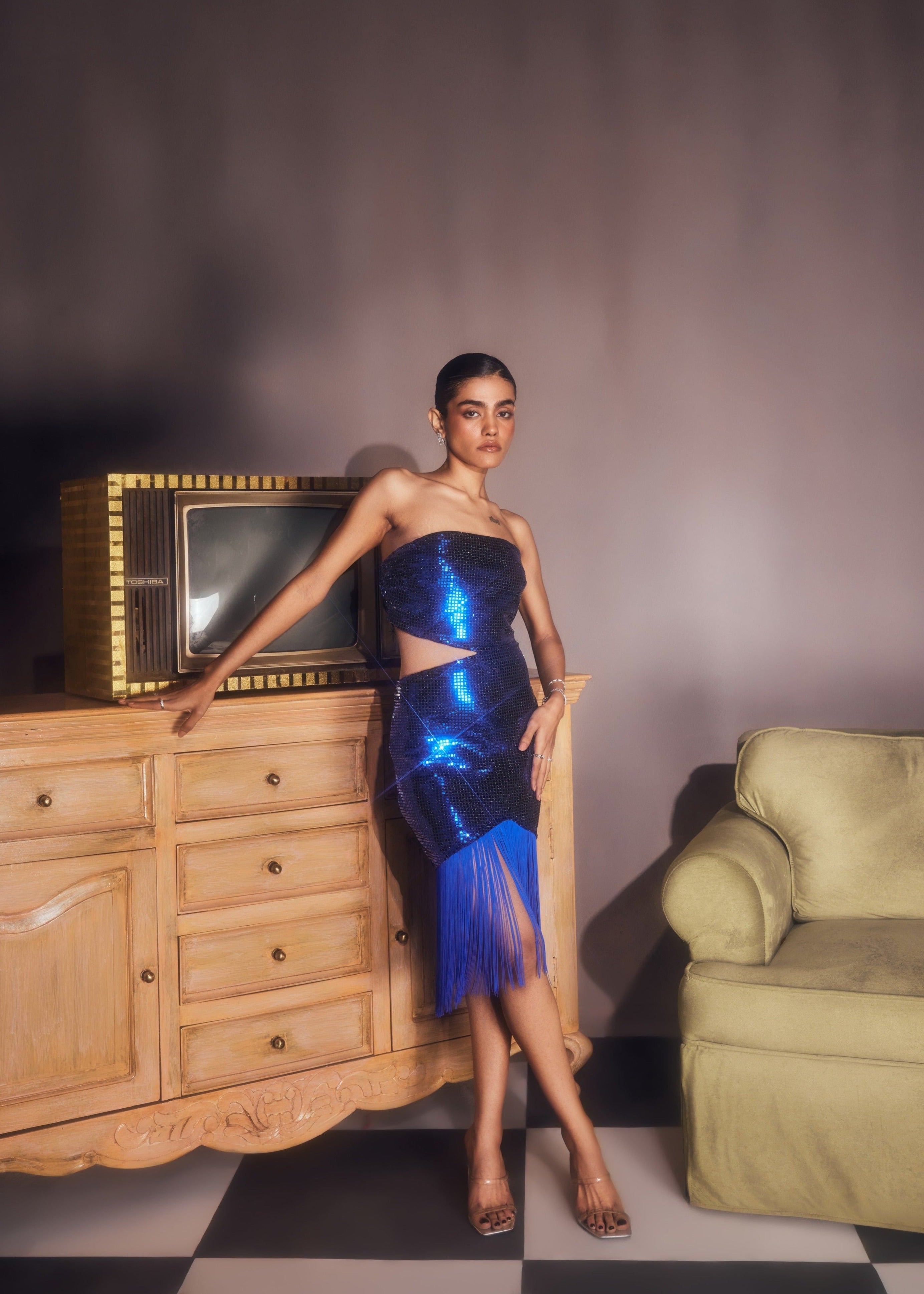 Siona blue shine tassel dress with a shimmering finish and playful tassel detailing