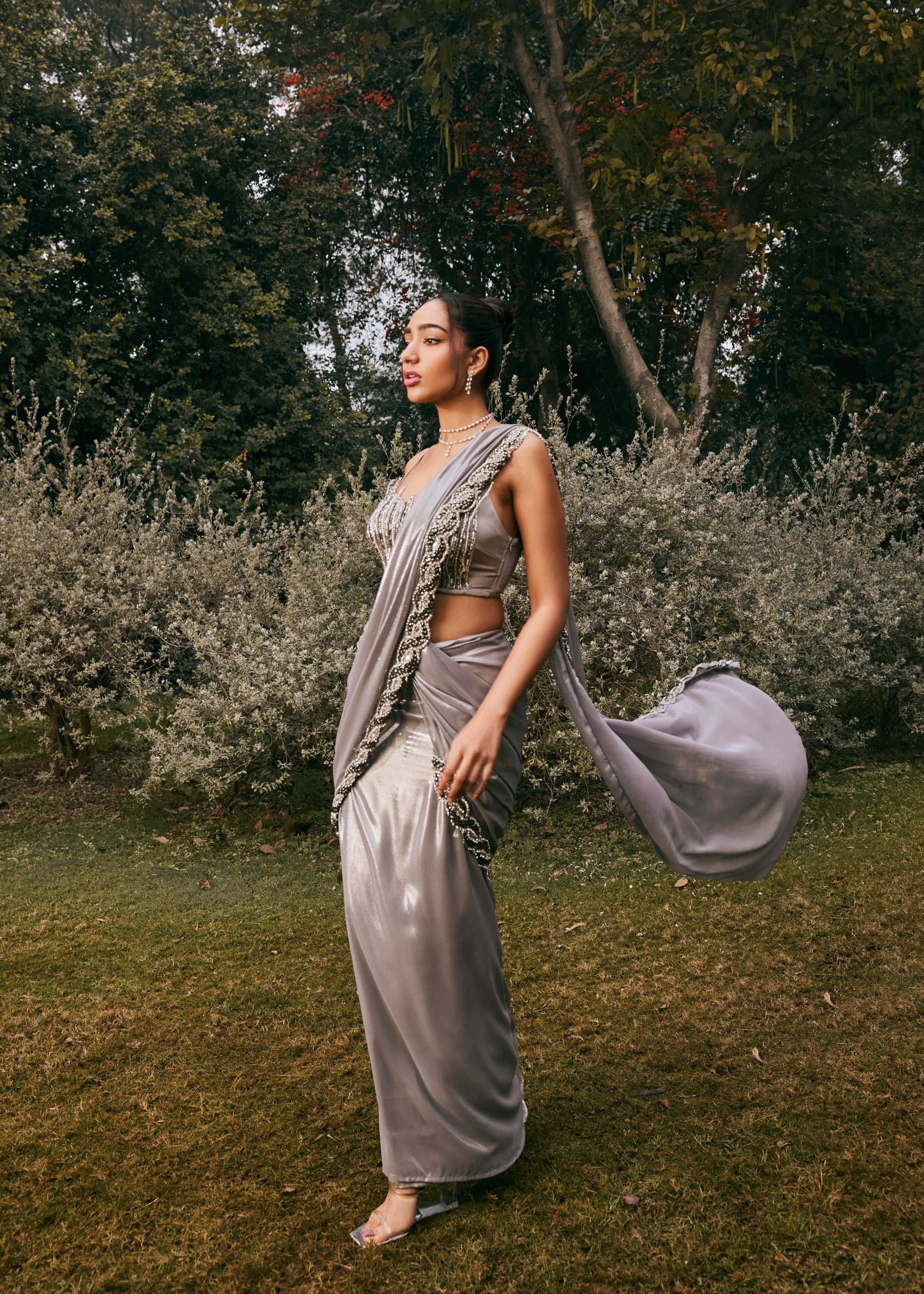 Sobia Grey Shimmer Chiffon Pre-Draped Saree Set featuring a shimmering grey chiffon fabric in a pre-draped design