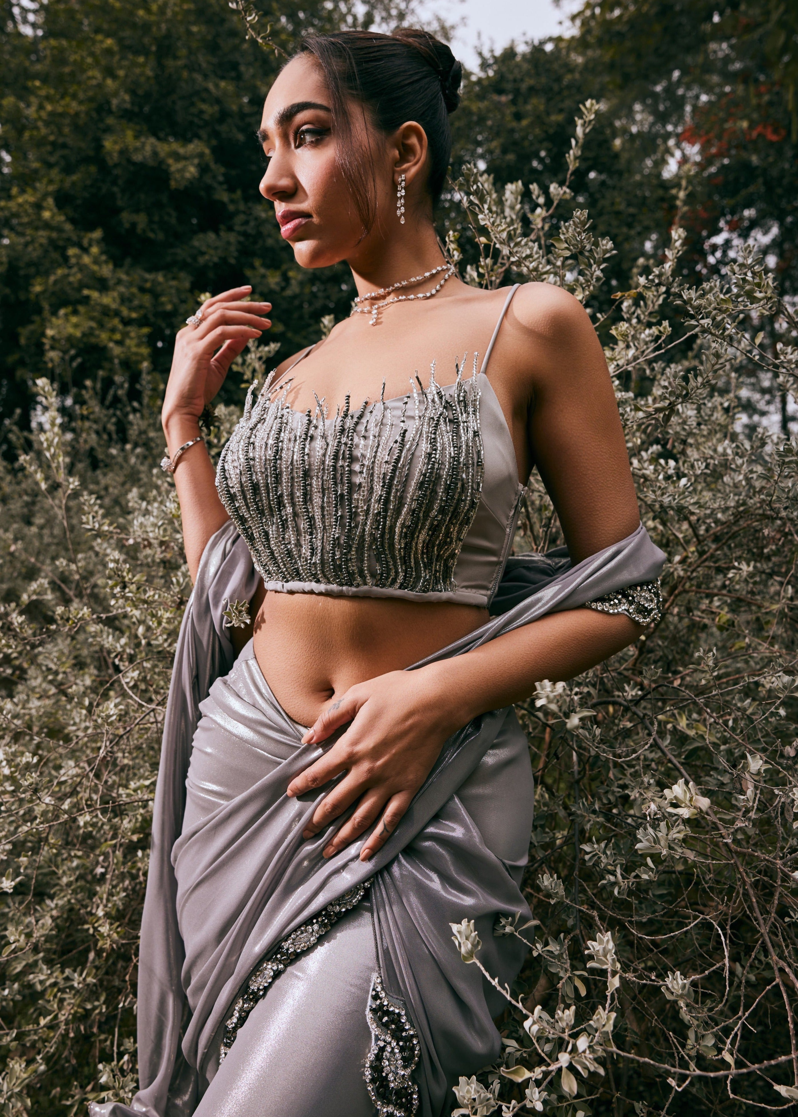Sobia Grey Shimmer Chiffon Pre-Draped Saree Set featuring a shimmering grey chiffon fabric in a pre-draped design