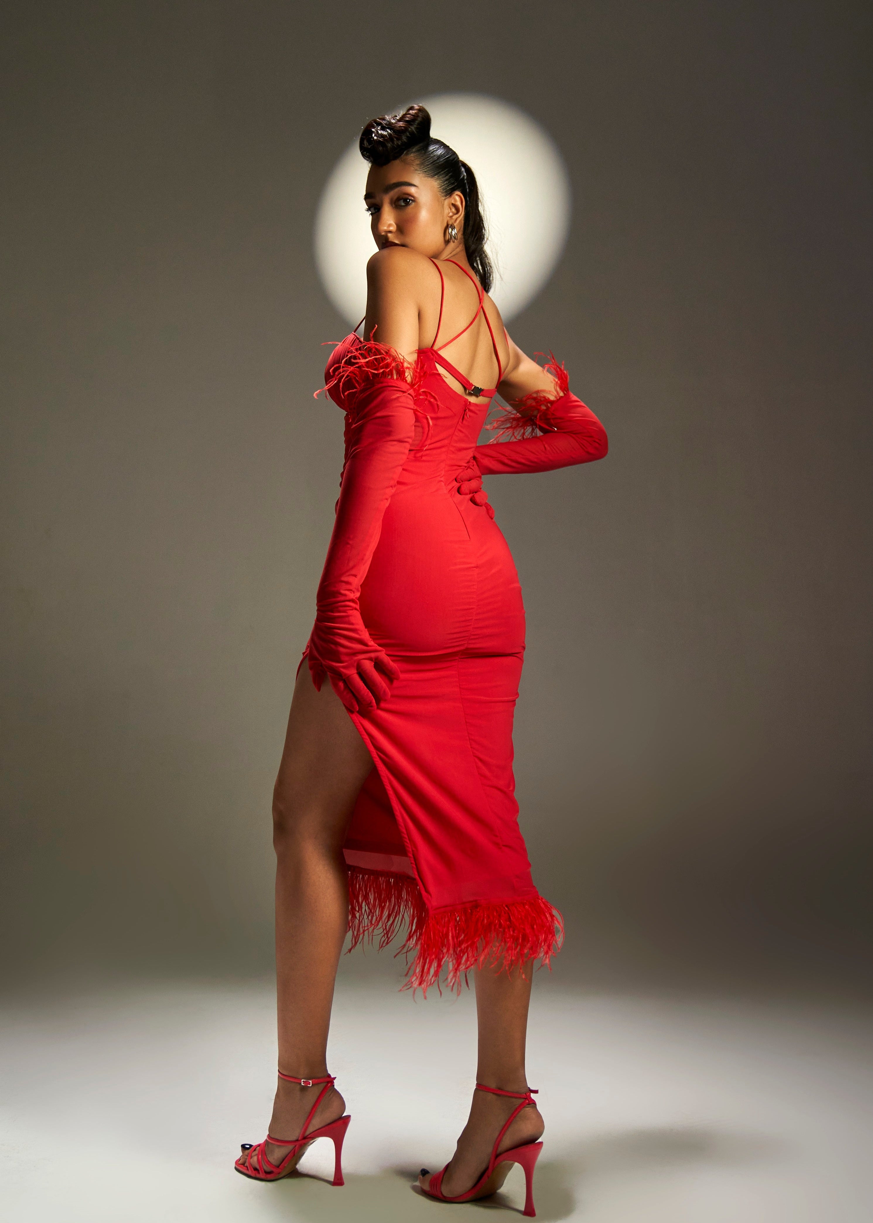 Solange Red Ruched Midi Dress with elegant ruching and a flattering midi length