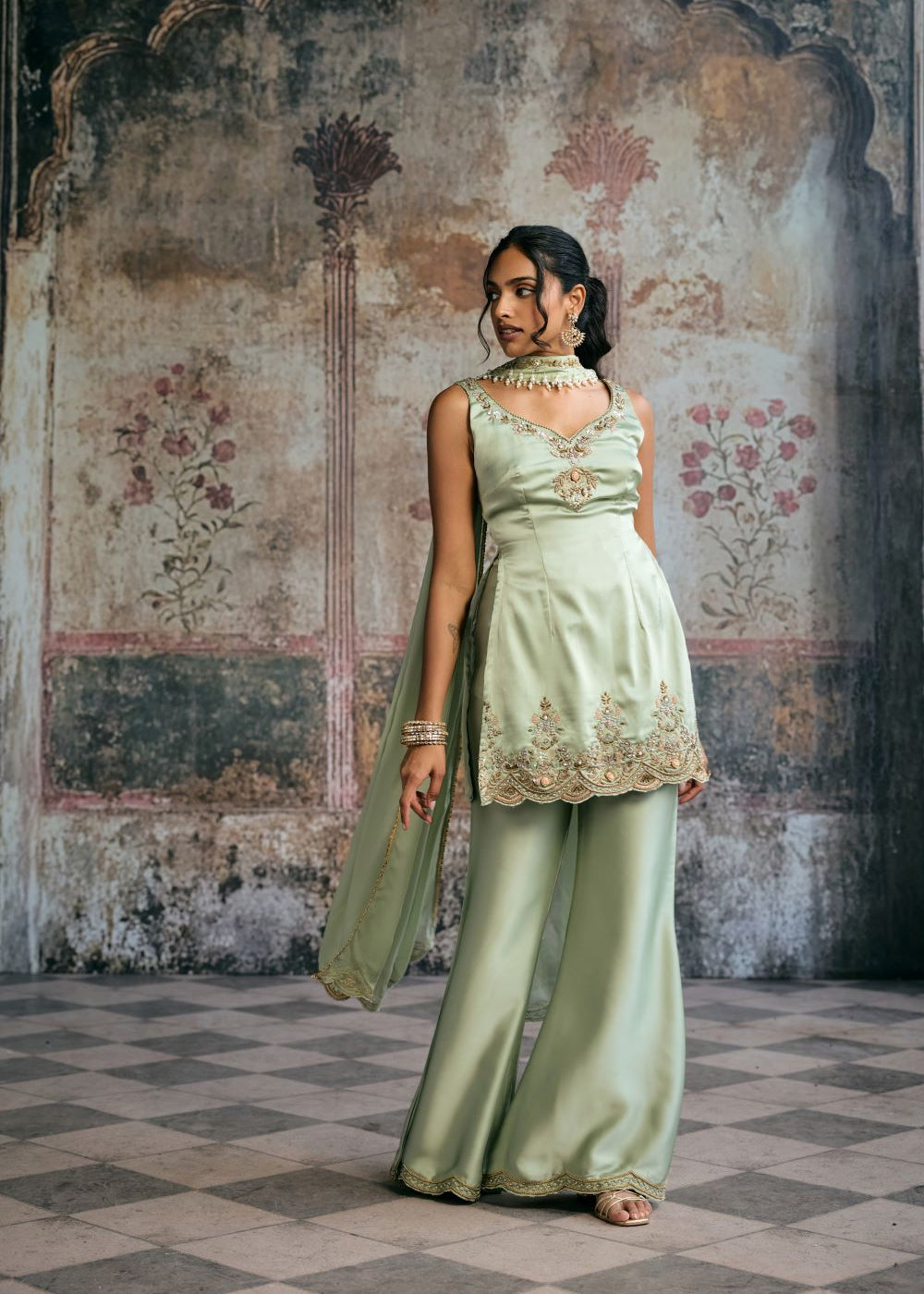 Sameera Sage Green Hand Embroidered Sharara Set