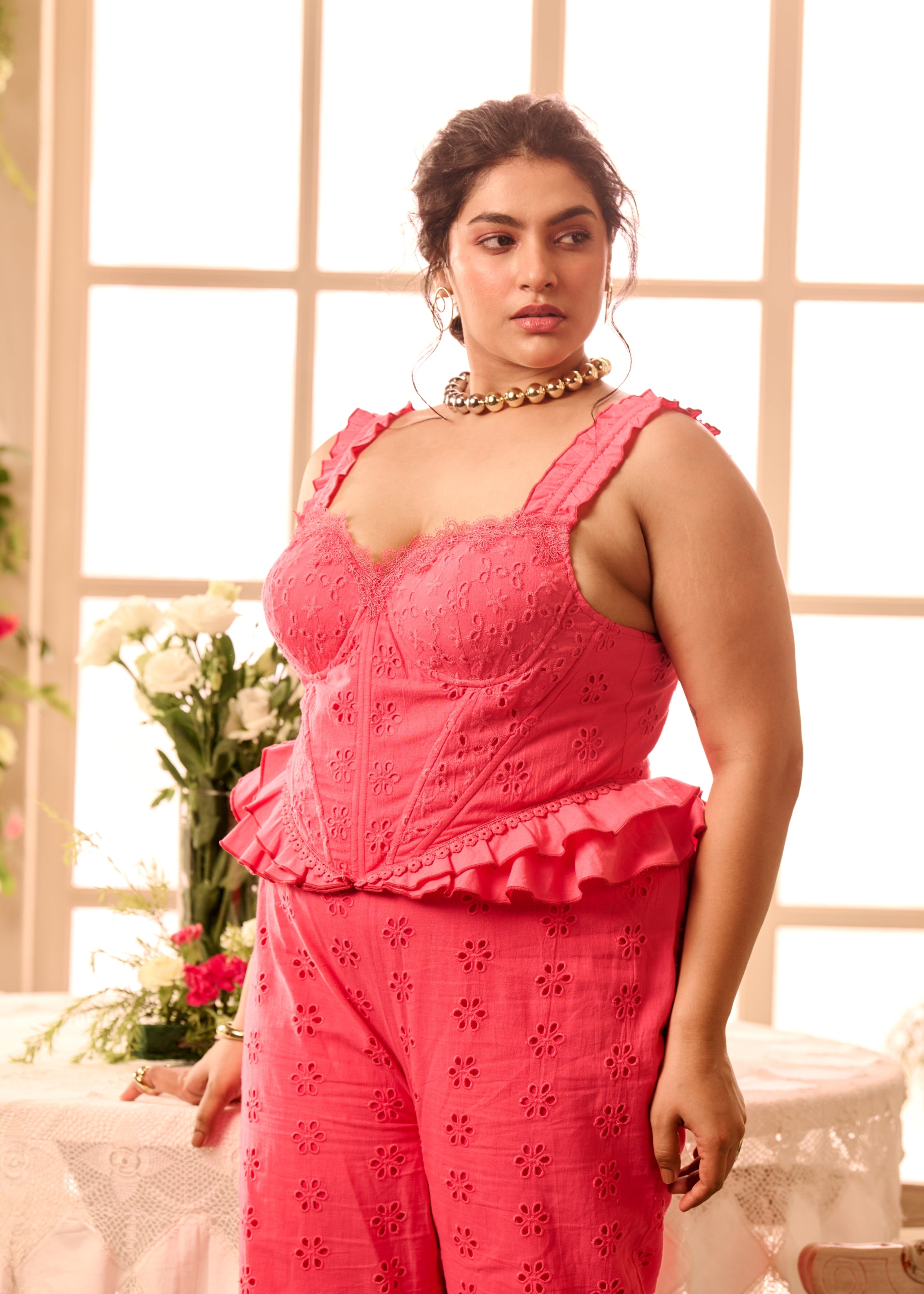 Taiga Pink Schiffli Corset + Pant Coord Set