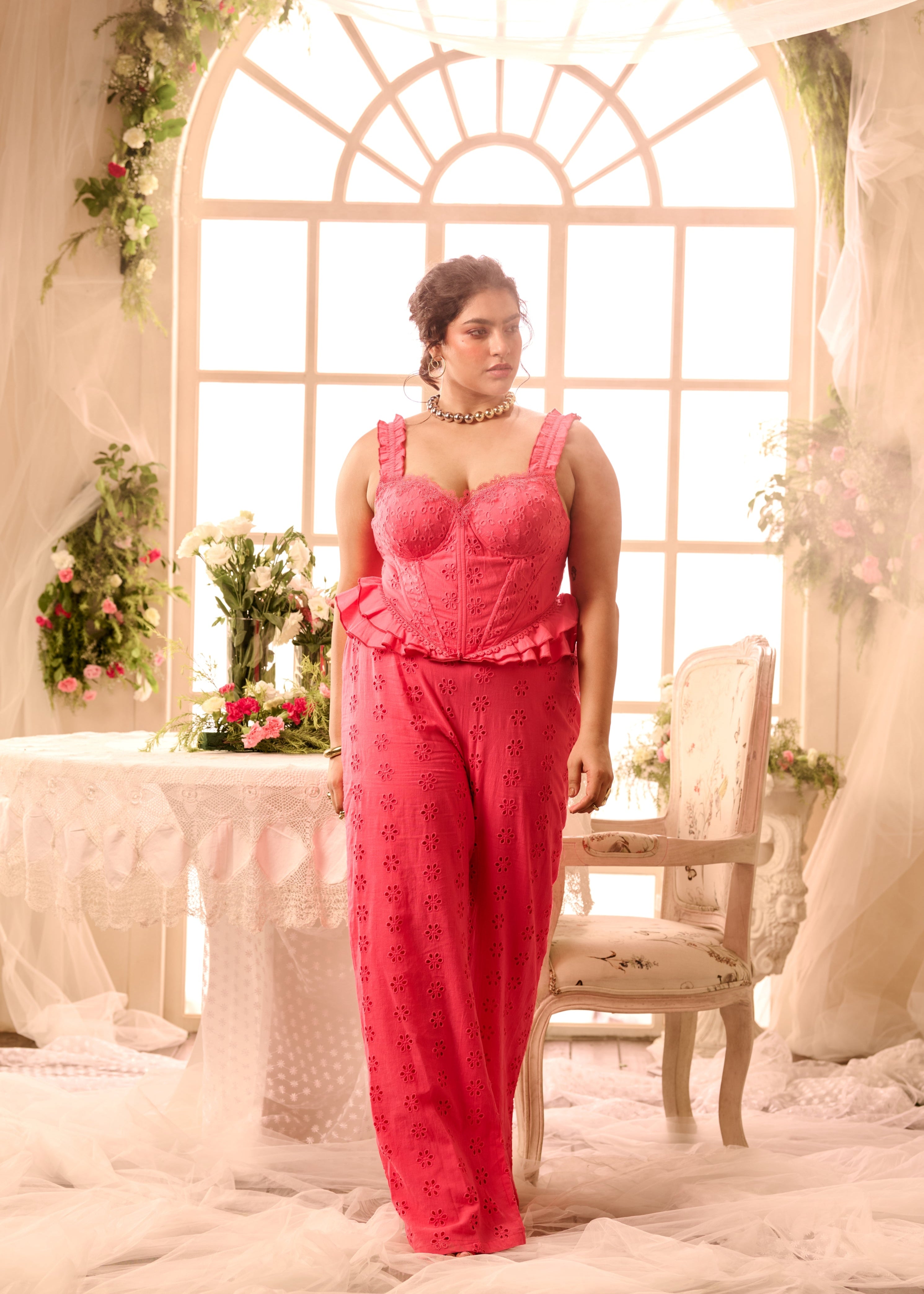 Taiga Pink Schiffli Corset + Pant Coord Set