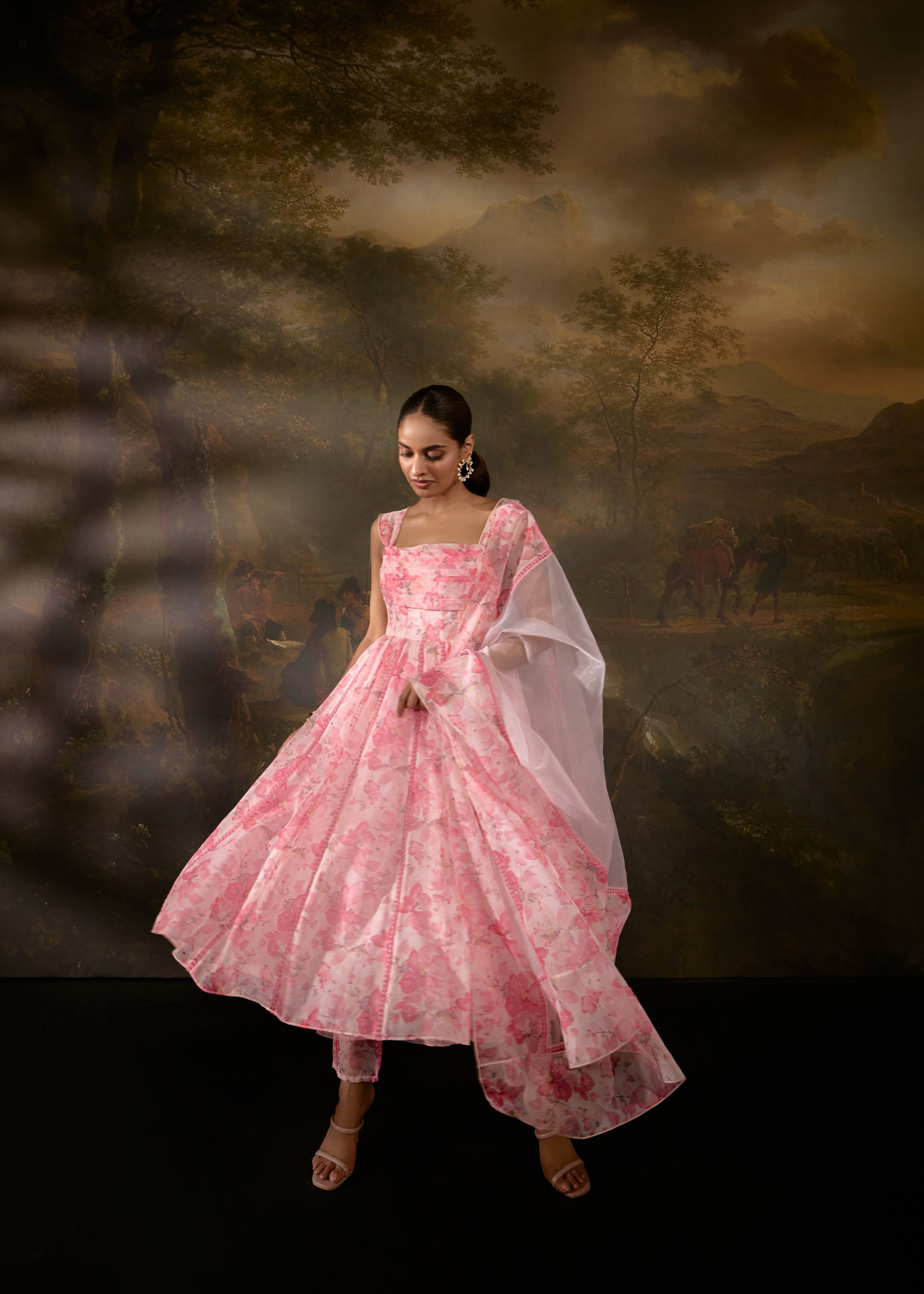 "Tanvee Pink Floral Printed Corset Anarkali Suit: Anarkali suit featuring a pink floral print corset for a graceful and