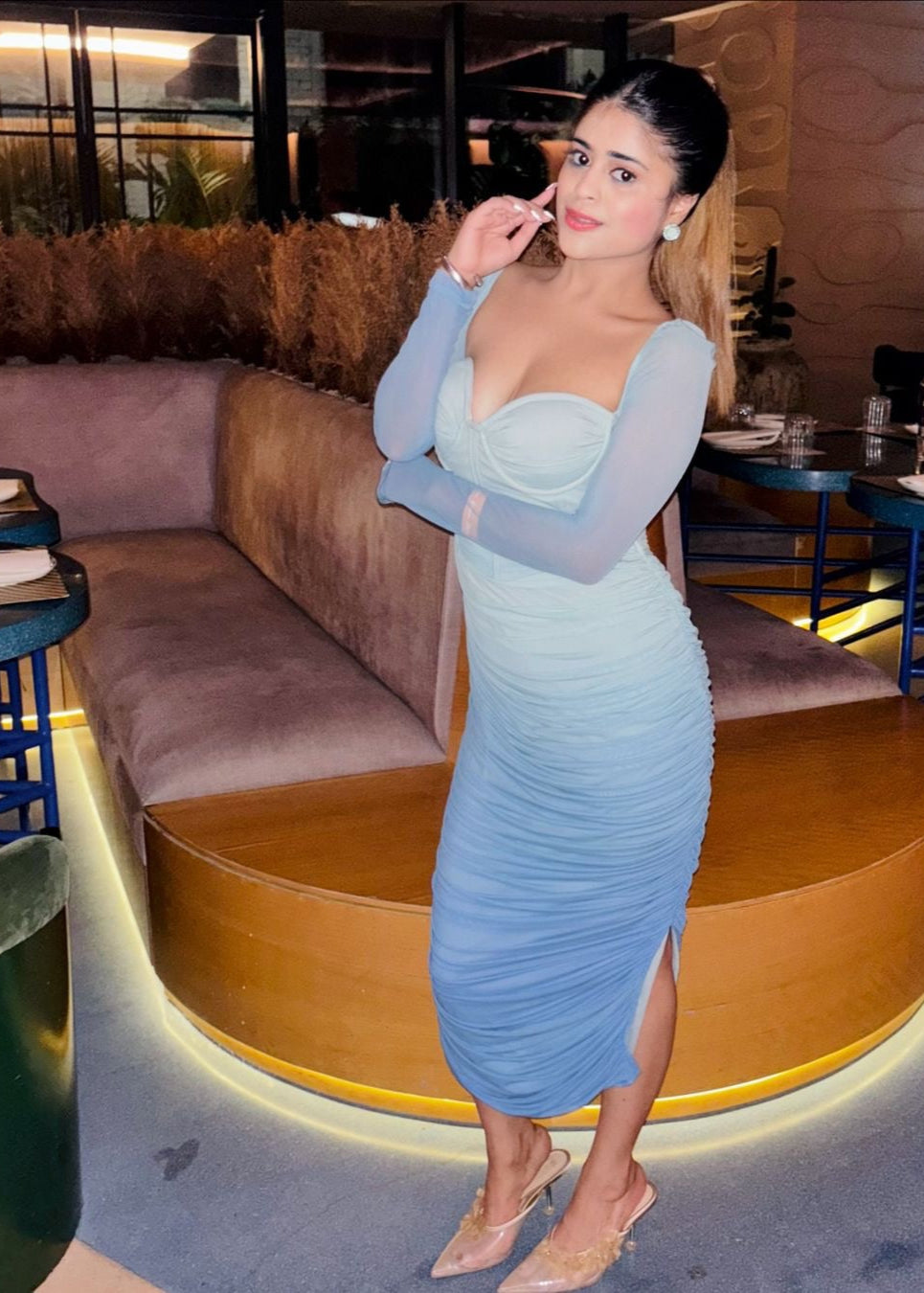 Tatiana Blue Ombre Ruched Mesh Midi Corset Dress