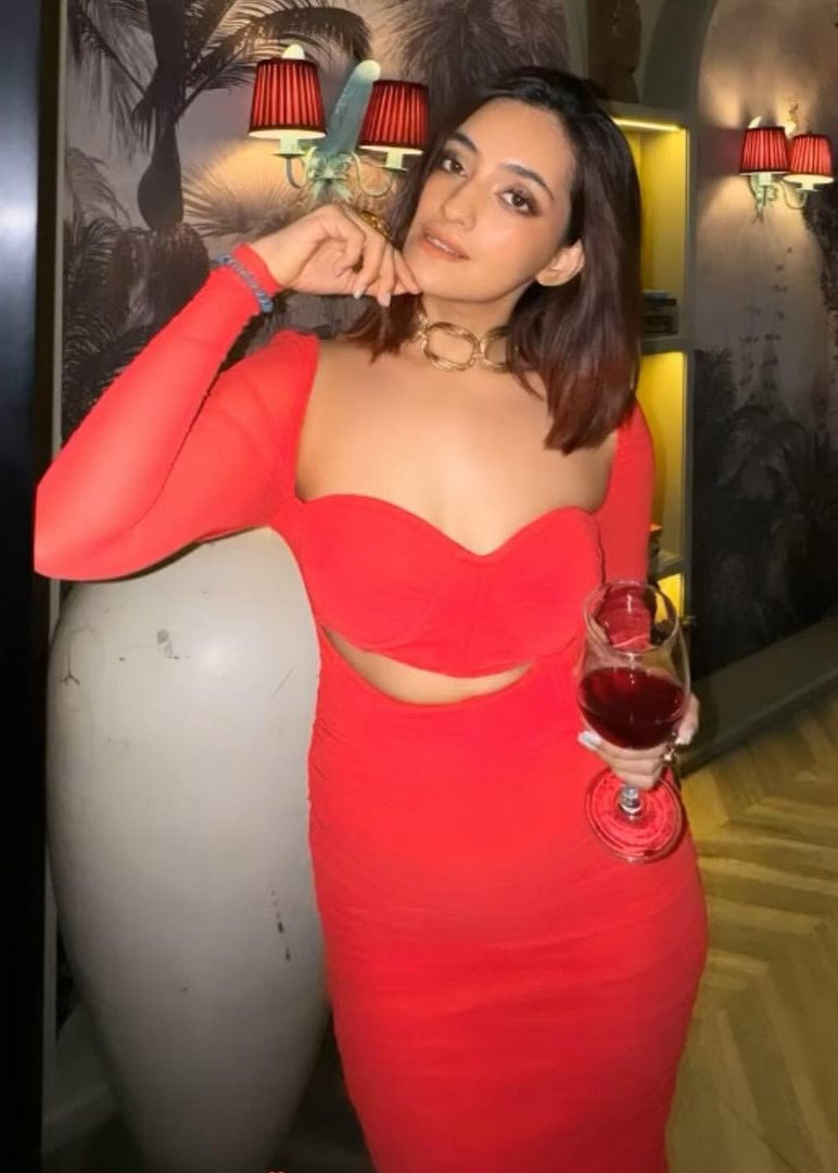 Tatiana Red Ruched Mesh Midi Corset Dress with a fitted corset bodice and ruched mesh fabric.