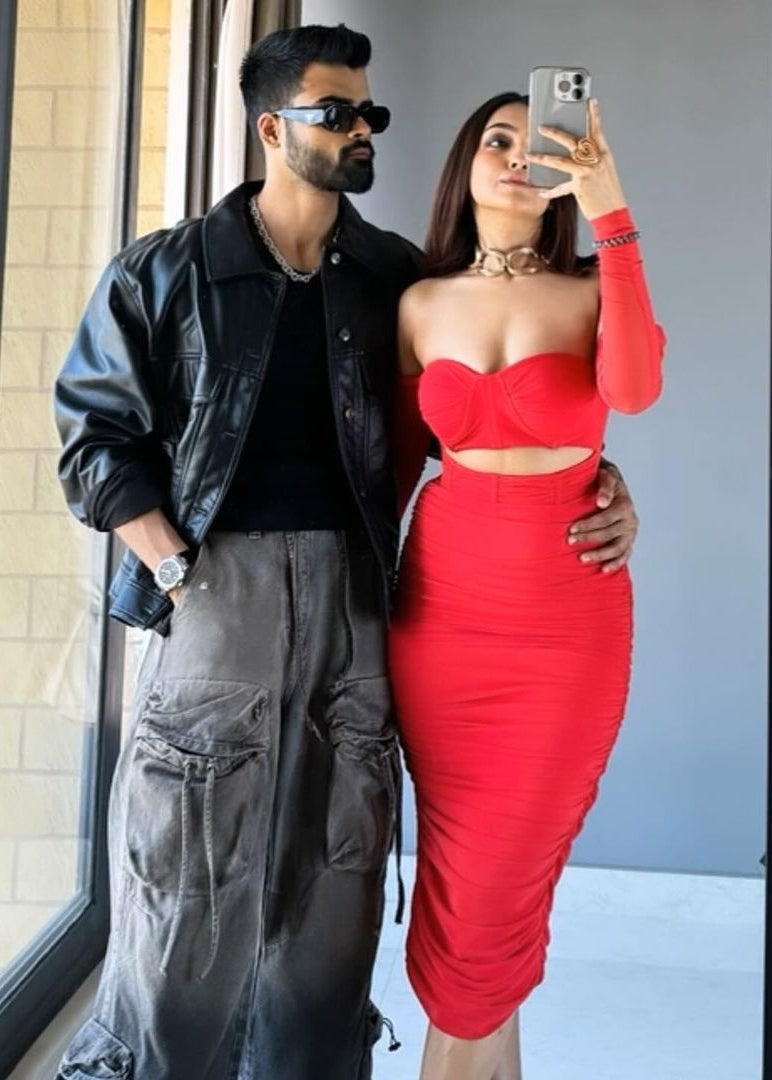 Tatiana Red Ruched Mesh Midi Corset Dress with a fitted corset bodice and ruched mesh fabric.