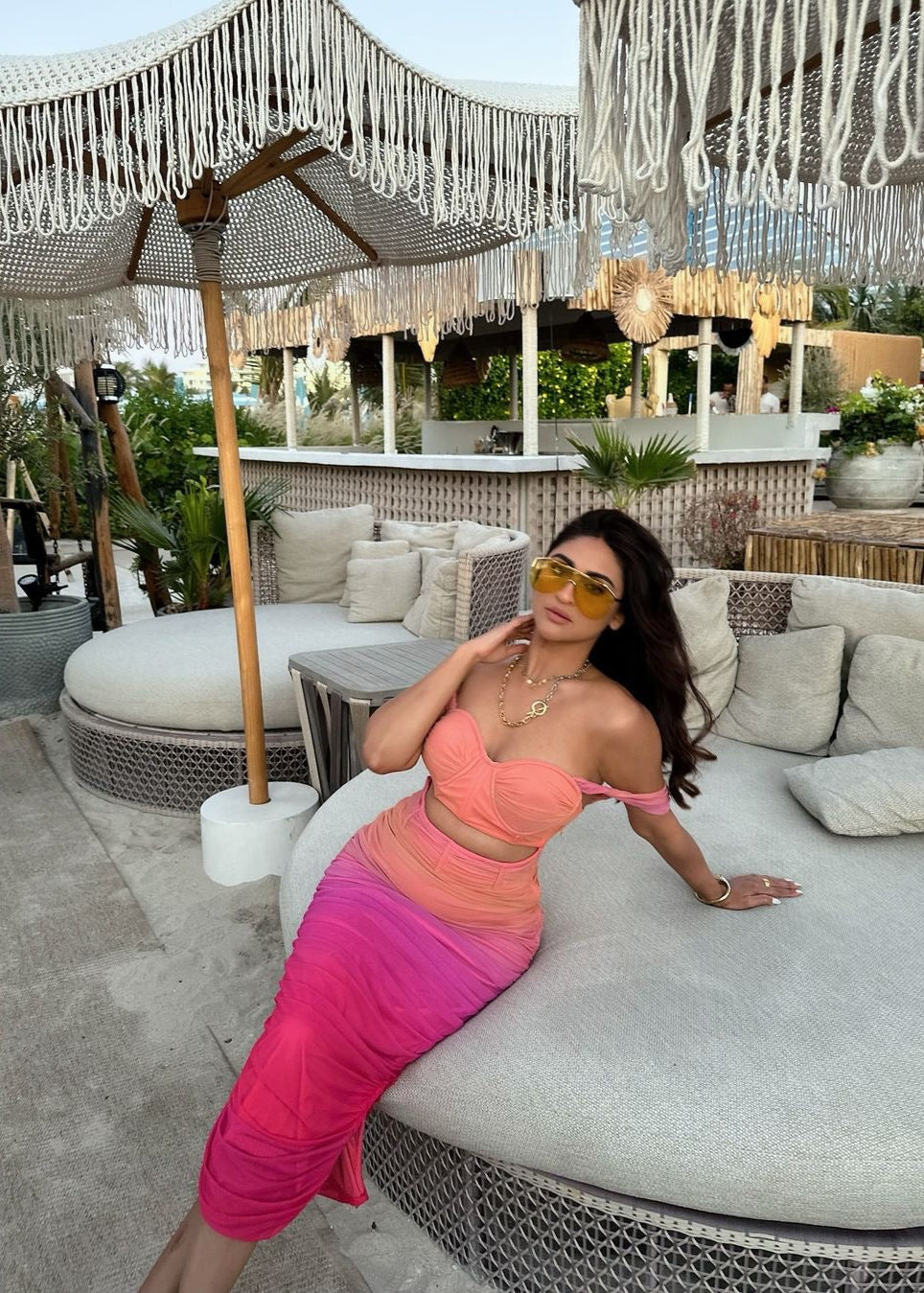 Tatiana Sunset Ombre Ruched Midi Corset Dress