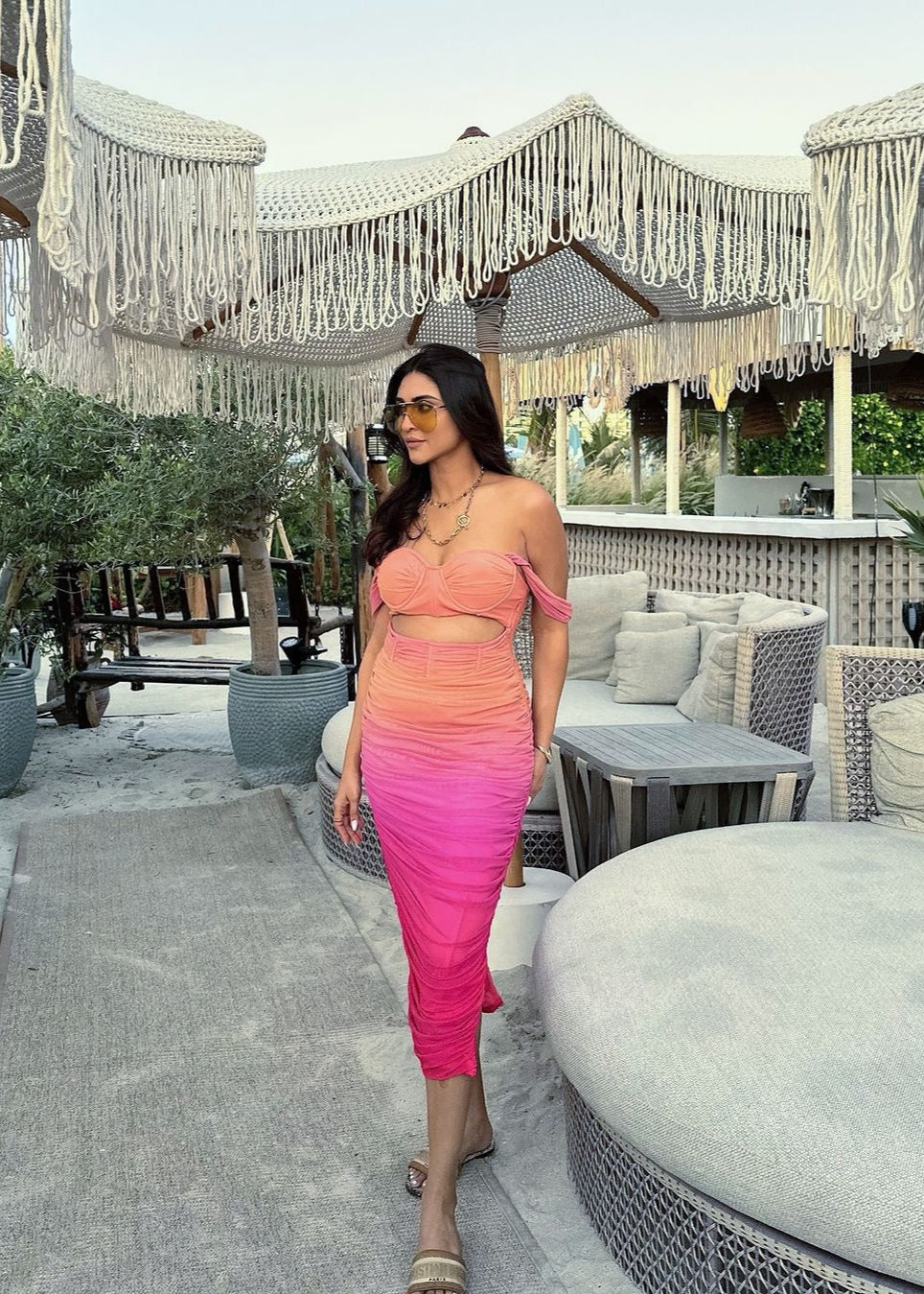 Tatiana Sunset Ombre Ruched Midi Corset Dress