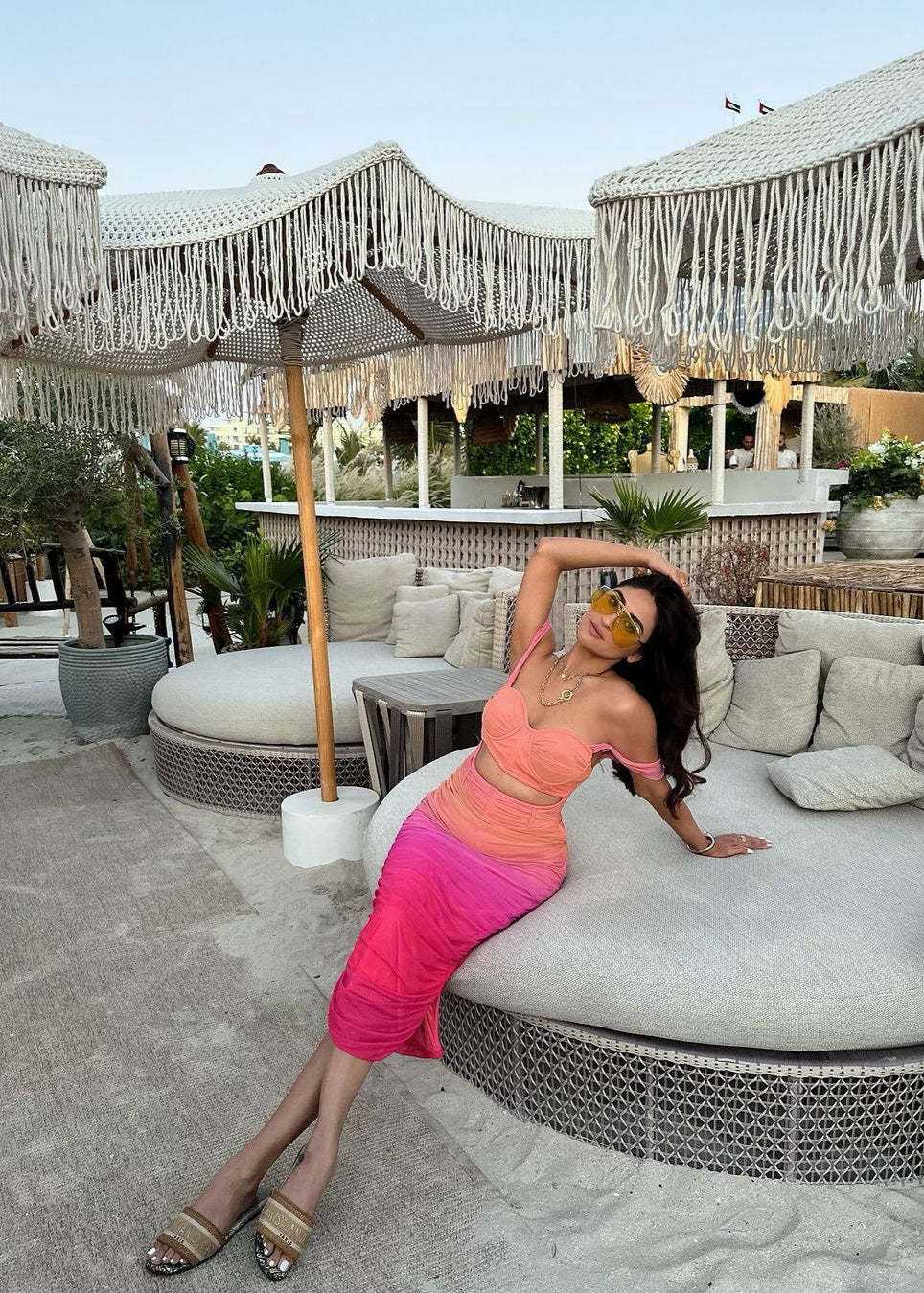 Tatiana Sunset Ombre Ruched Midi Corset Dress