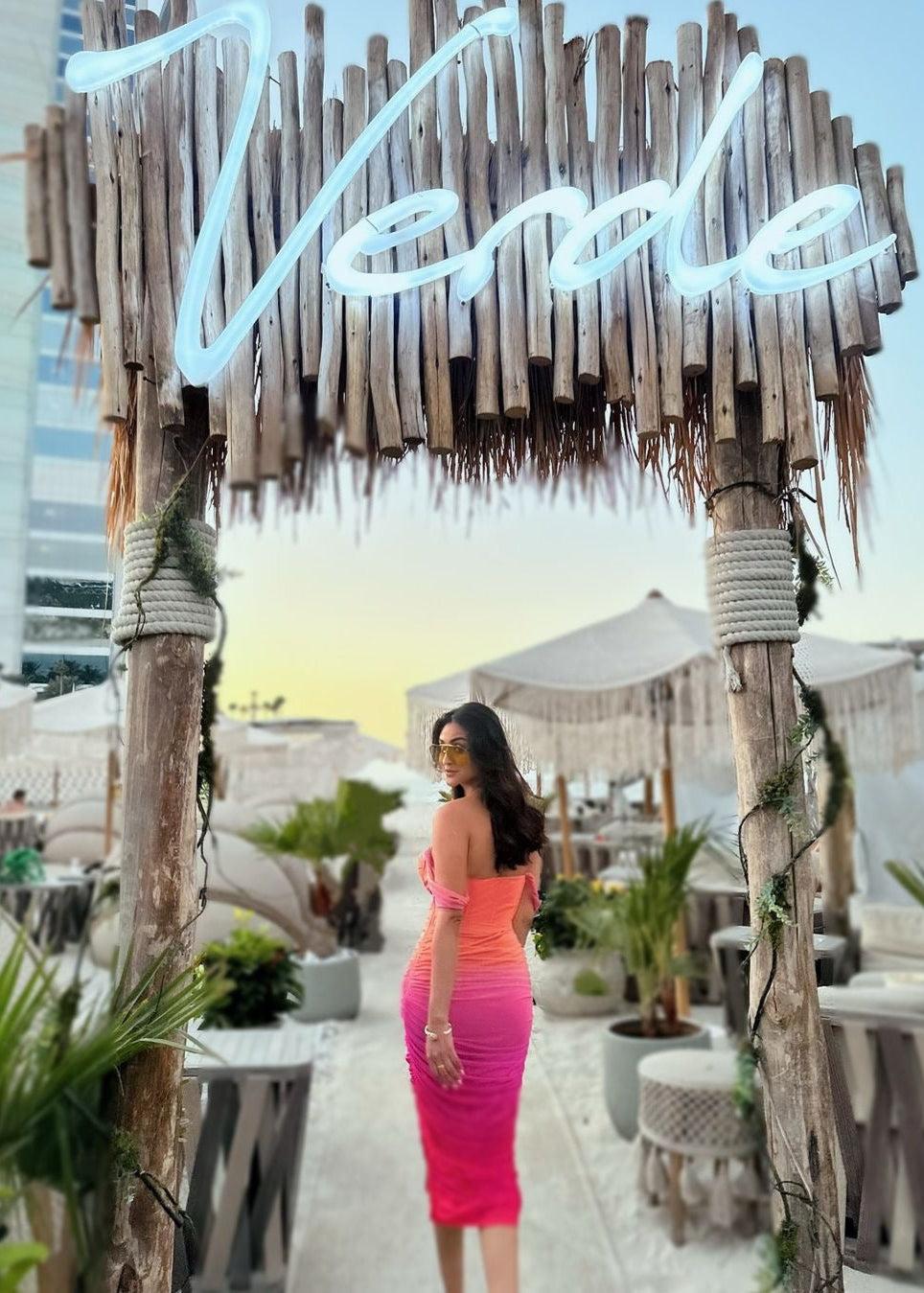 Tatiana Sunset Ombre Ruched Midi Corset Dress