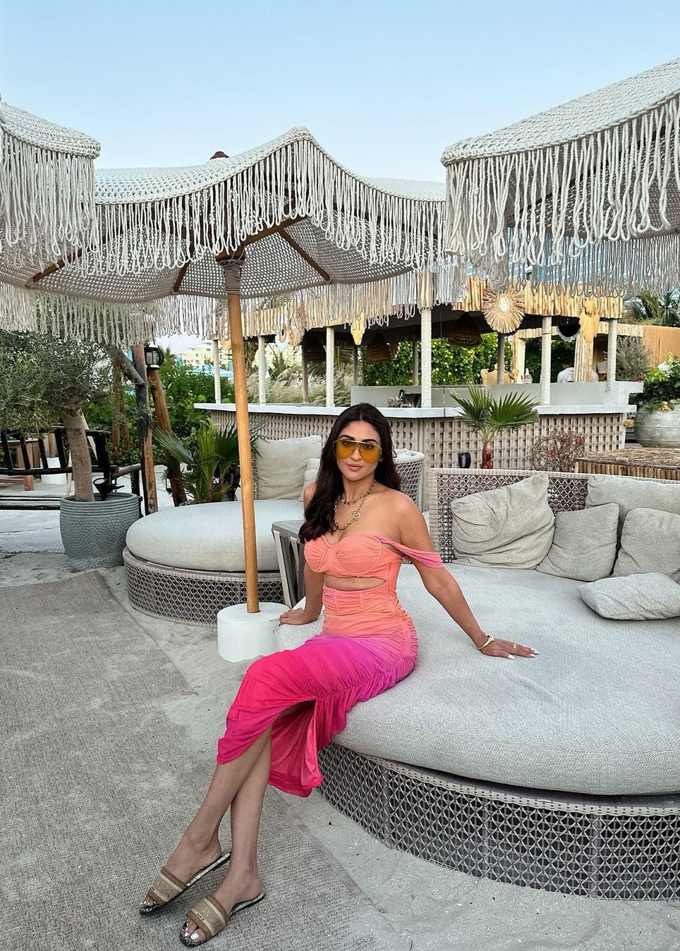 Tatiana Sunset Ombre Ruched Midi Corset Dress