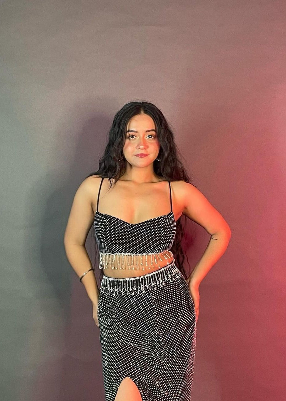 Teresa Black Crystal Mesh and Rhinestone Coord Set with sparkling embellishments and a chic, coordinated design