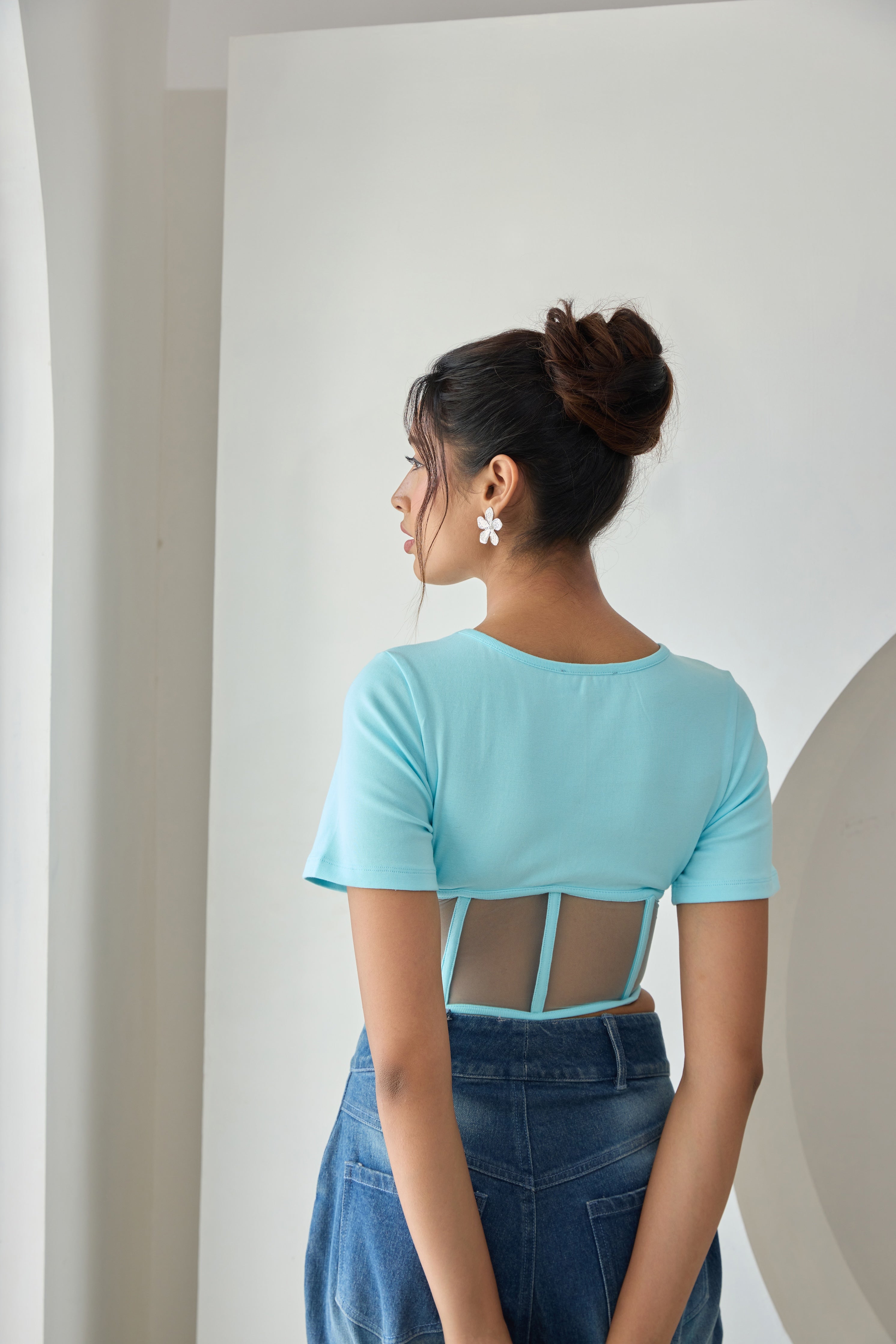 Light blue mesh corset t-shirt with structured bodice and short sleeves