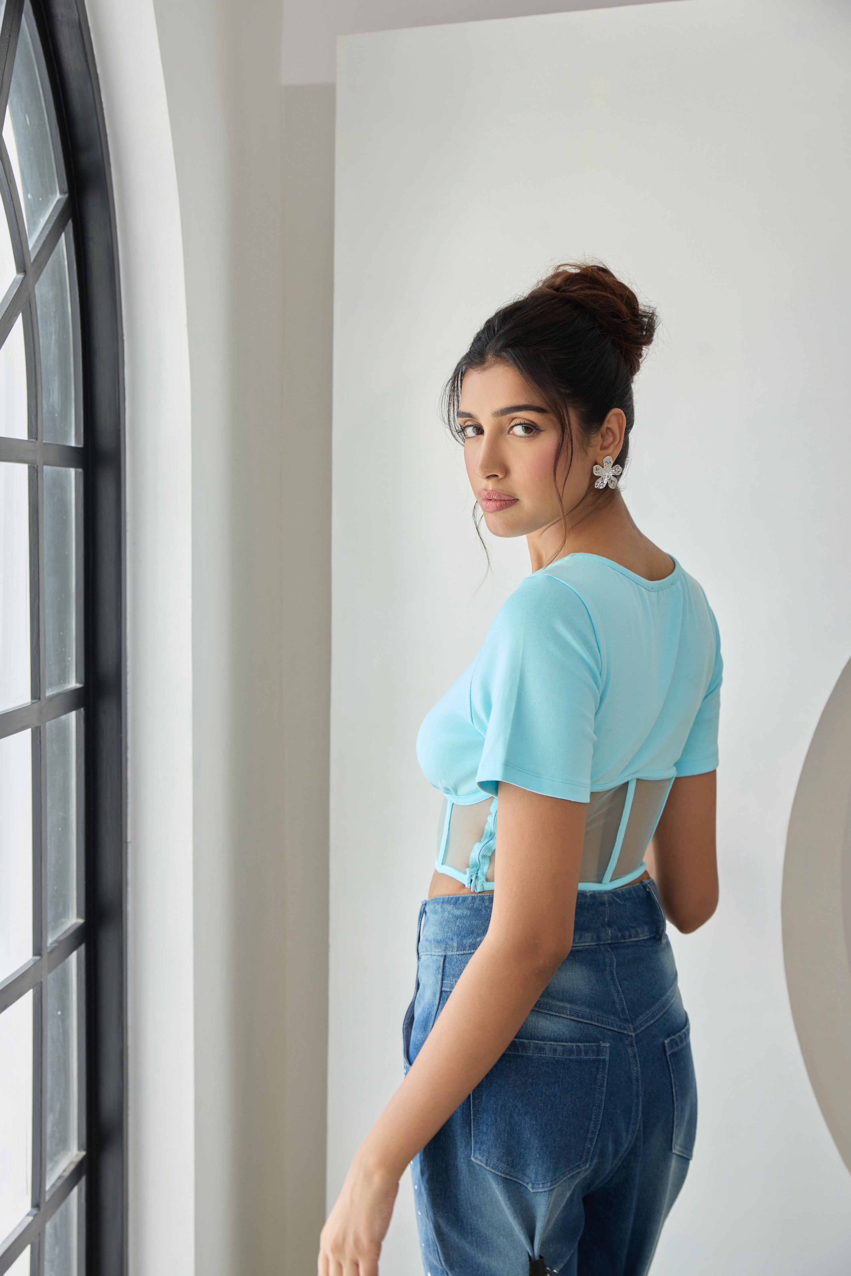 Light blue mesh corset t-shirt with structured bodice and short sleeves