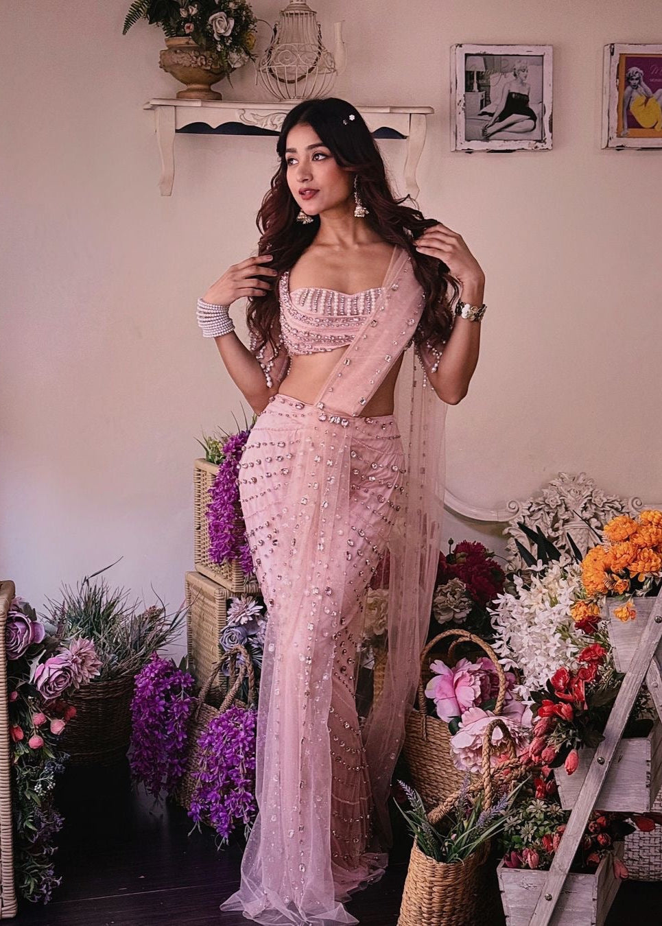 Vedika Baby Pink Rhinestone Embellished Saree