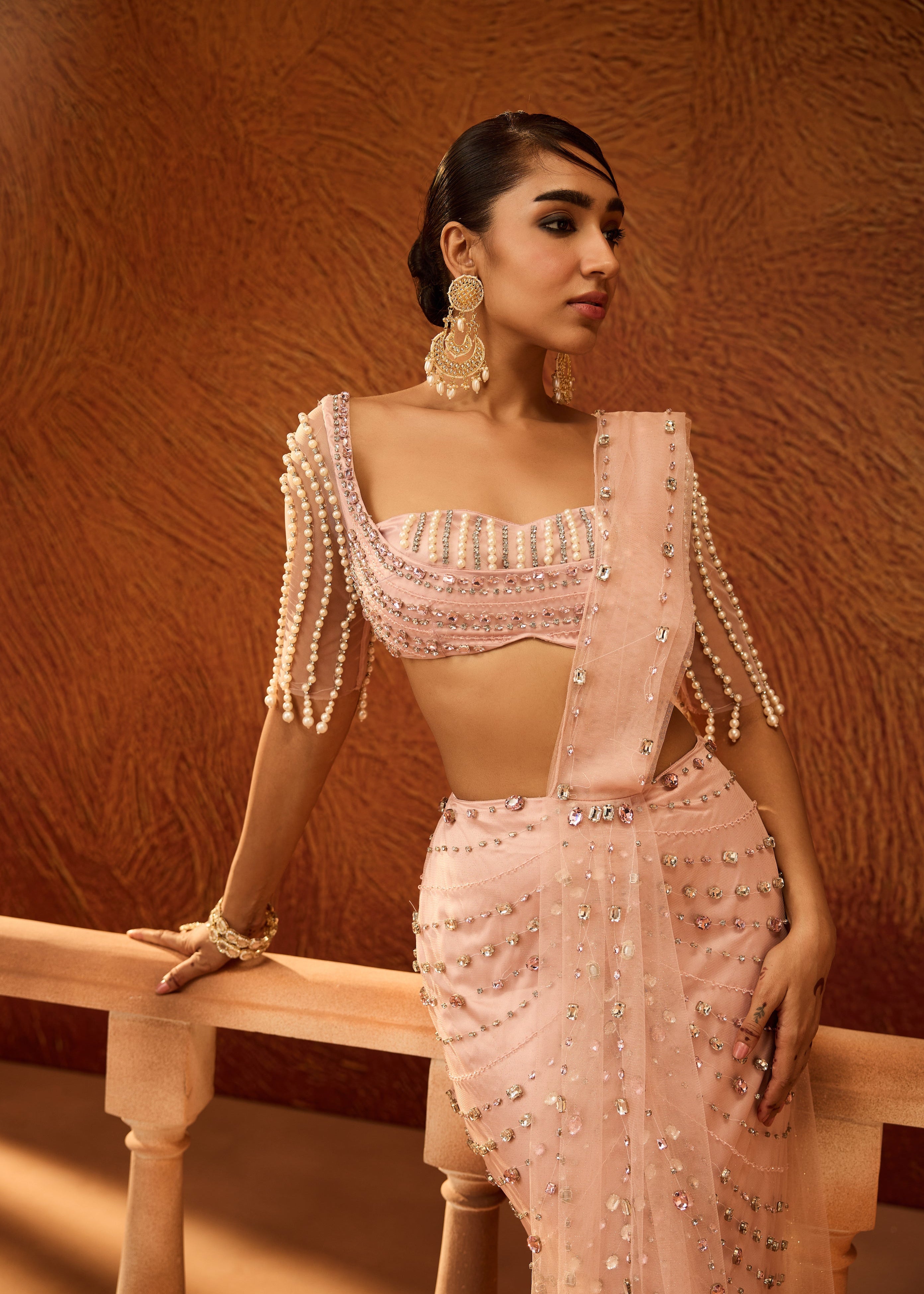 Vedika Baby Pink Rhinestone Embellished Saree