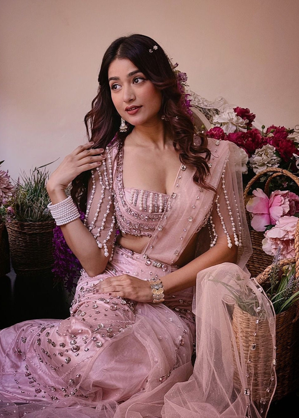 Vedika Baby Pink Rhinestone Embellished Saree