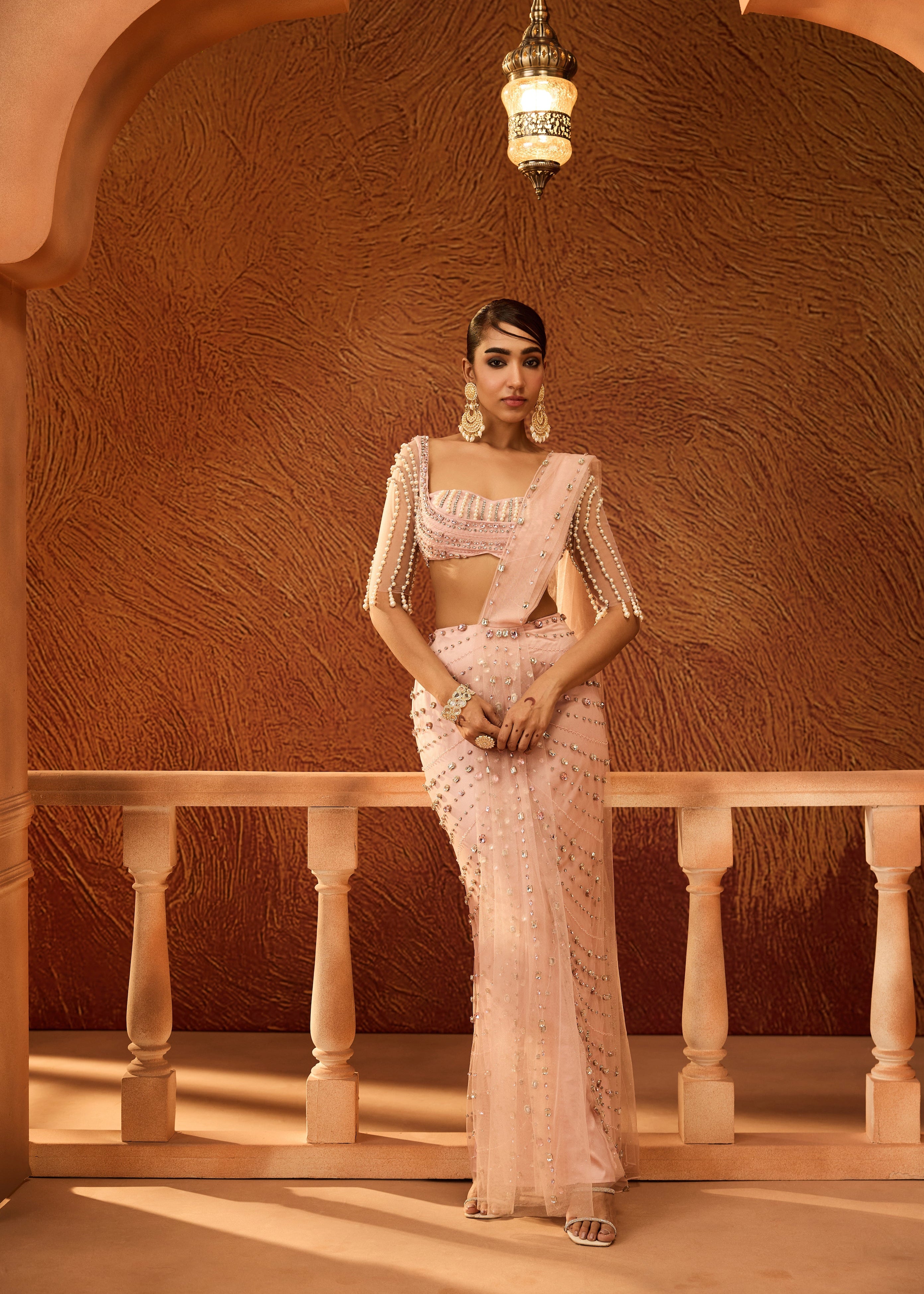 Vedika Baby Pink Rhinestone Embellished Saree