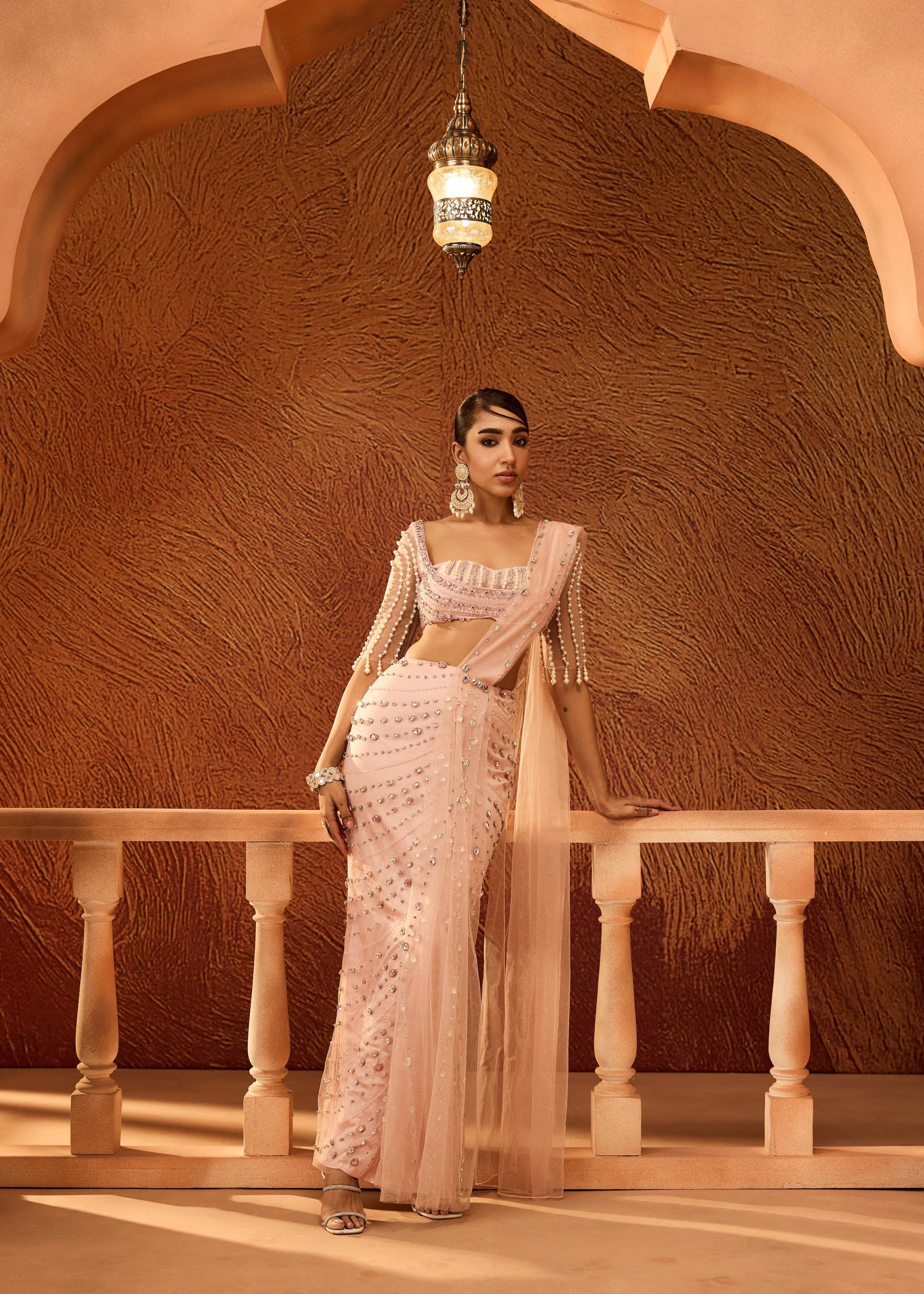 Vedika Baby Pink Rhinestone Embellished Saree