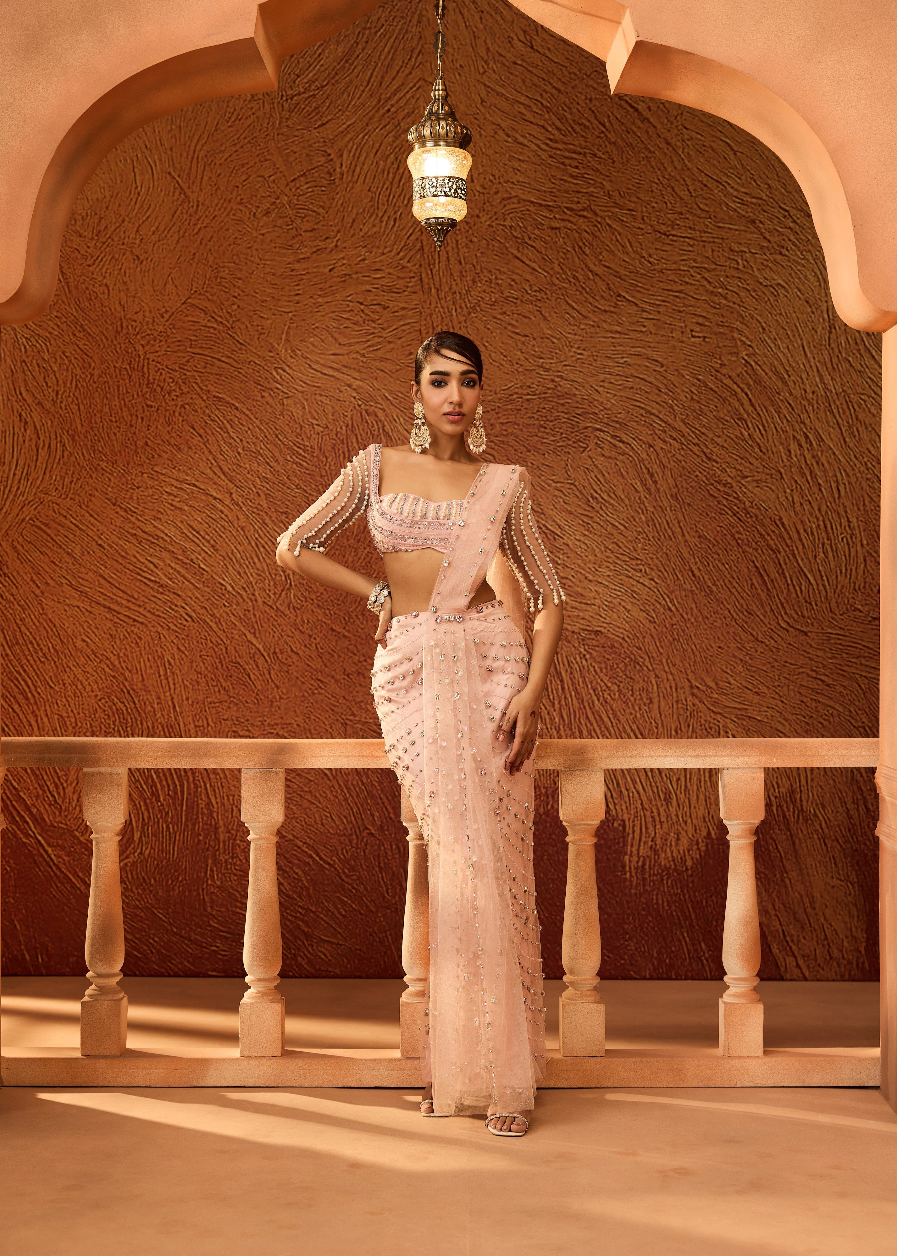 Vedika Baby Pink Rhinestone Embellished Saree