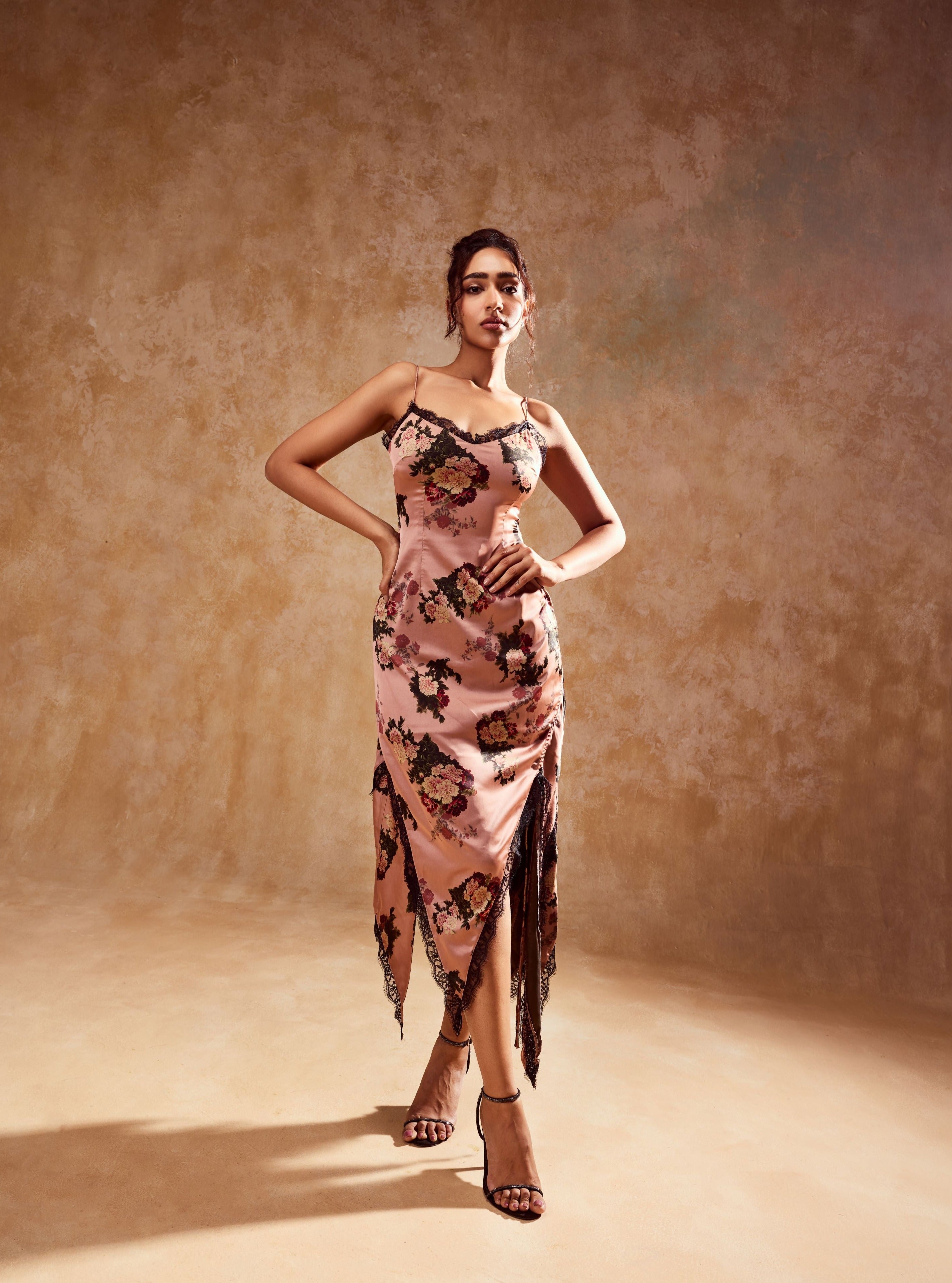 "Elegant Wisteria Floral Printed Satin and Lace Slip Dress with Delicate Accents."