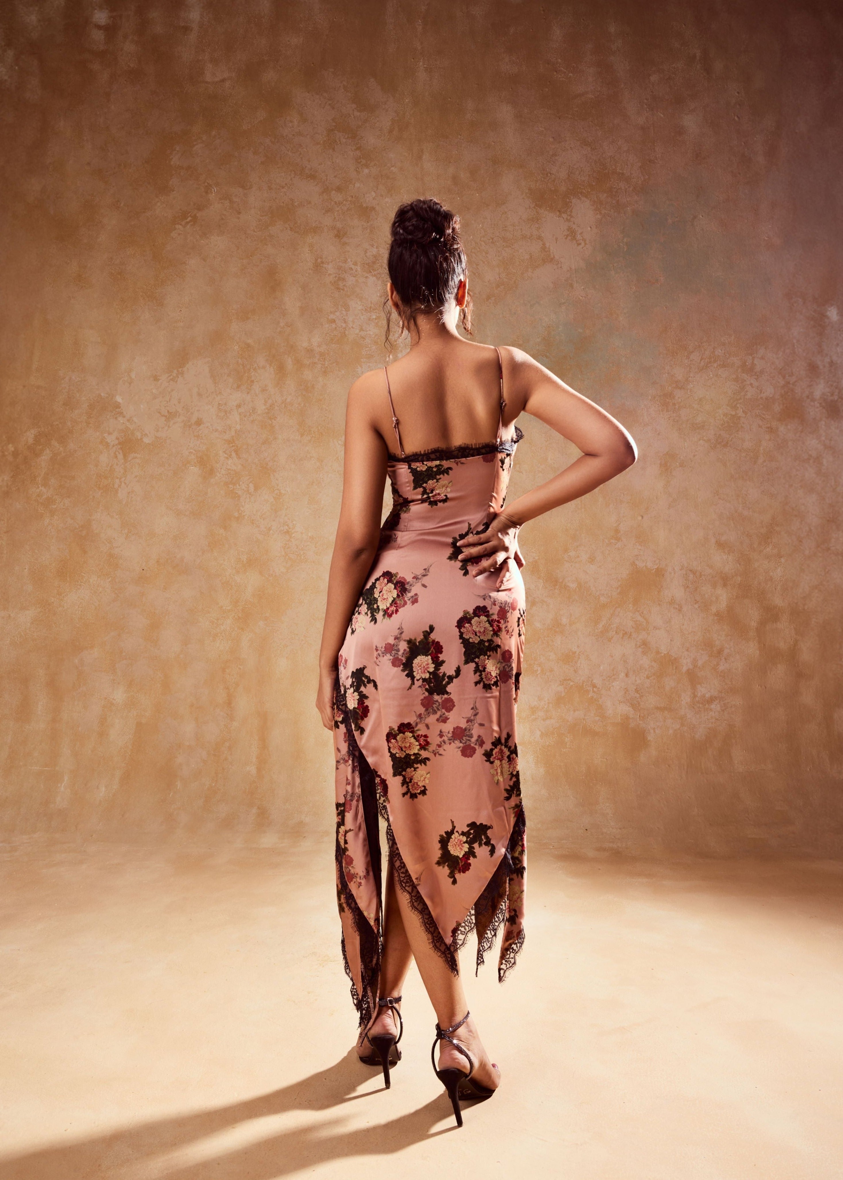 "Elegant Wisteria Floral Printed Satin and Lace Slip Dress with Delicate Accents."