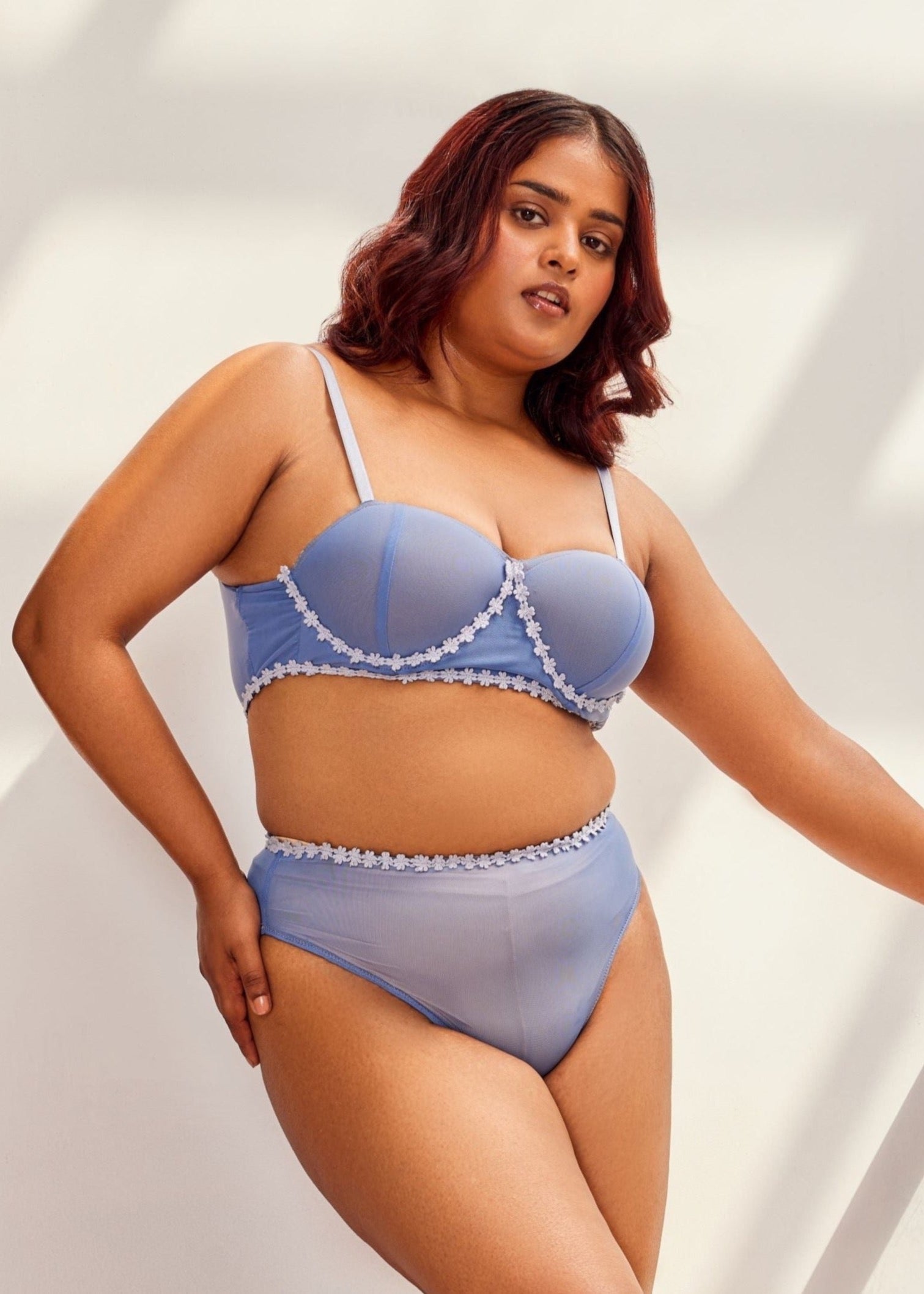 "Ximena Baby Blue Flower Embellished High-Rise Brief with Delicate Embellishments."