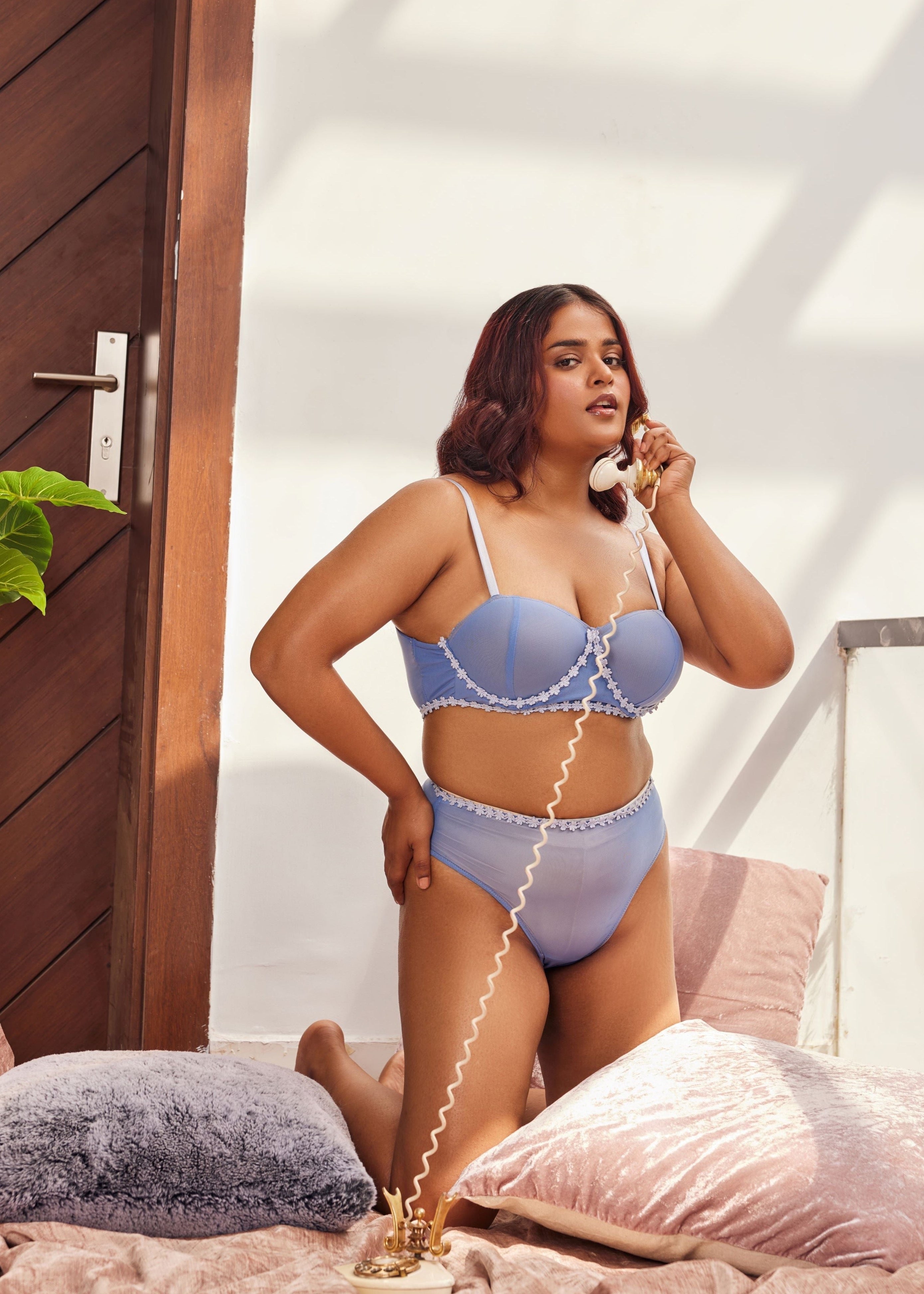 "Ximena Baby Blue Flower Embellished High-Rise Brief with Delicate Embellishments."