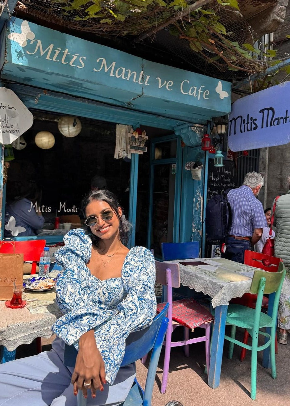 Yelena Blue and White Corset and Pants Set featuring a stylish design with contrasting colors