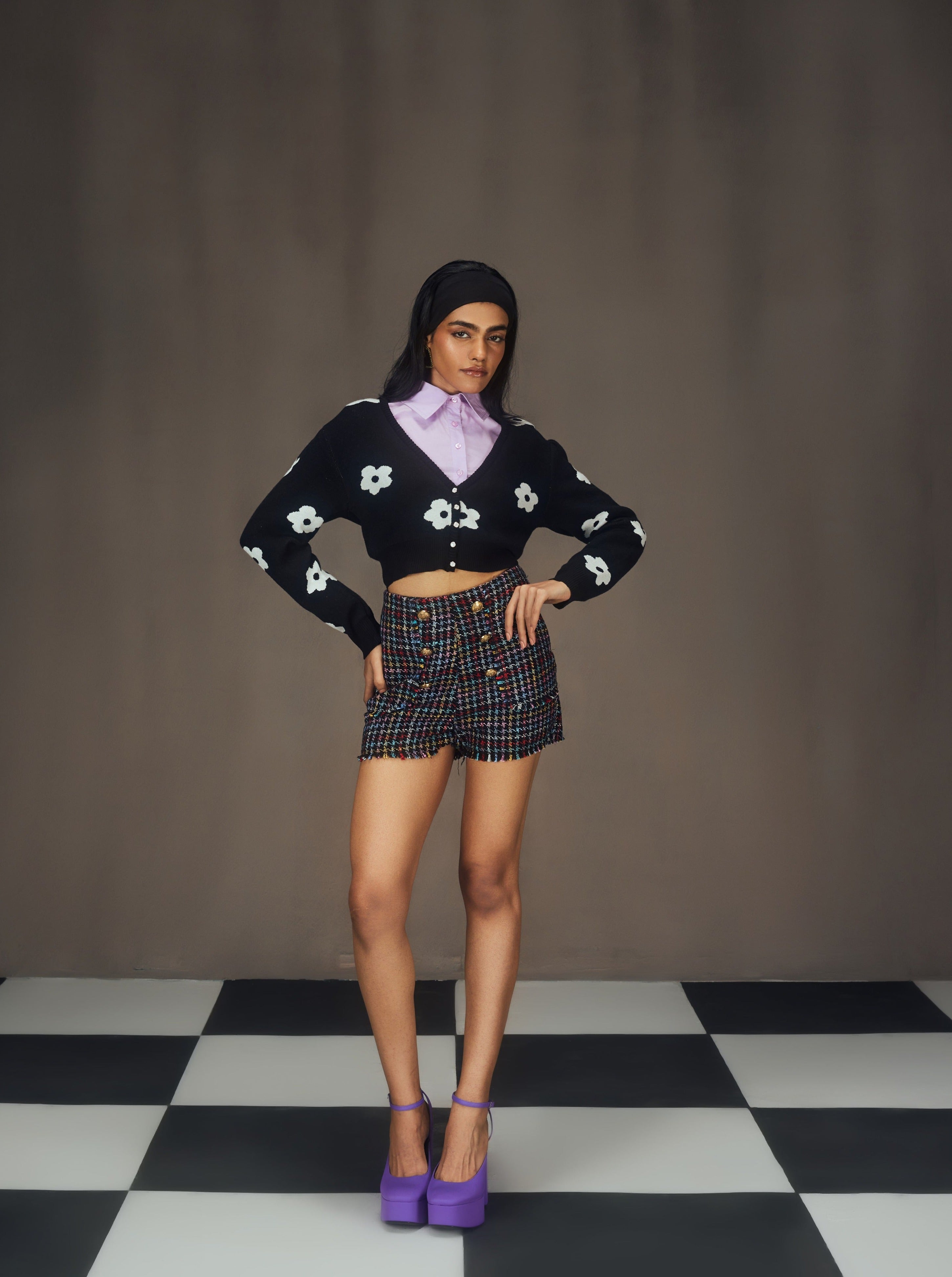 Zahana lavender crop shirt, tweed shorts, and matching cardigan set, featuring a stylish, coordinated look with a soft lavender color