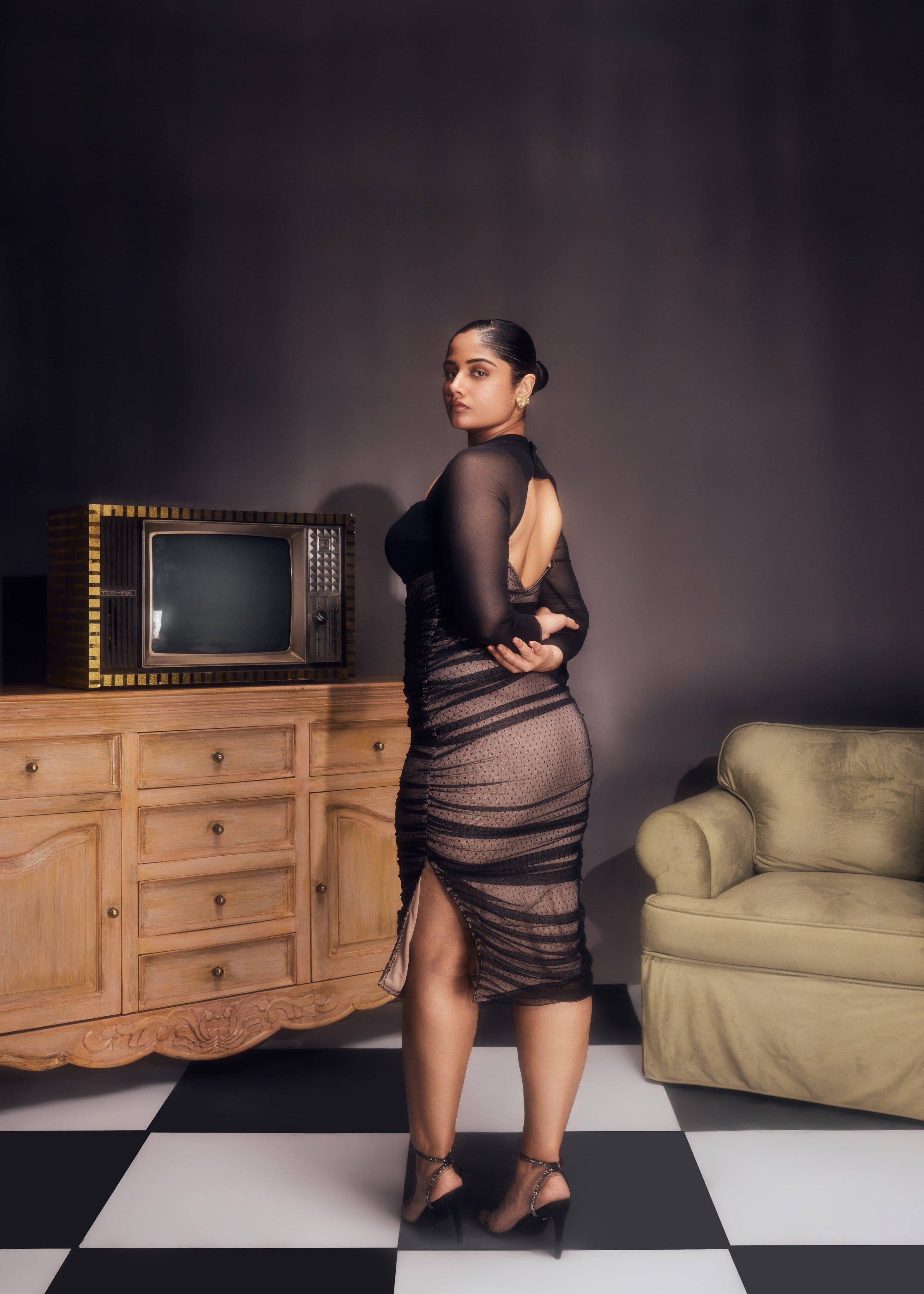 Zorina Black and Nude Ruched Mesh Bodycon Dress