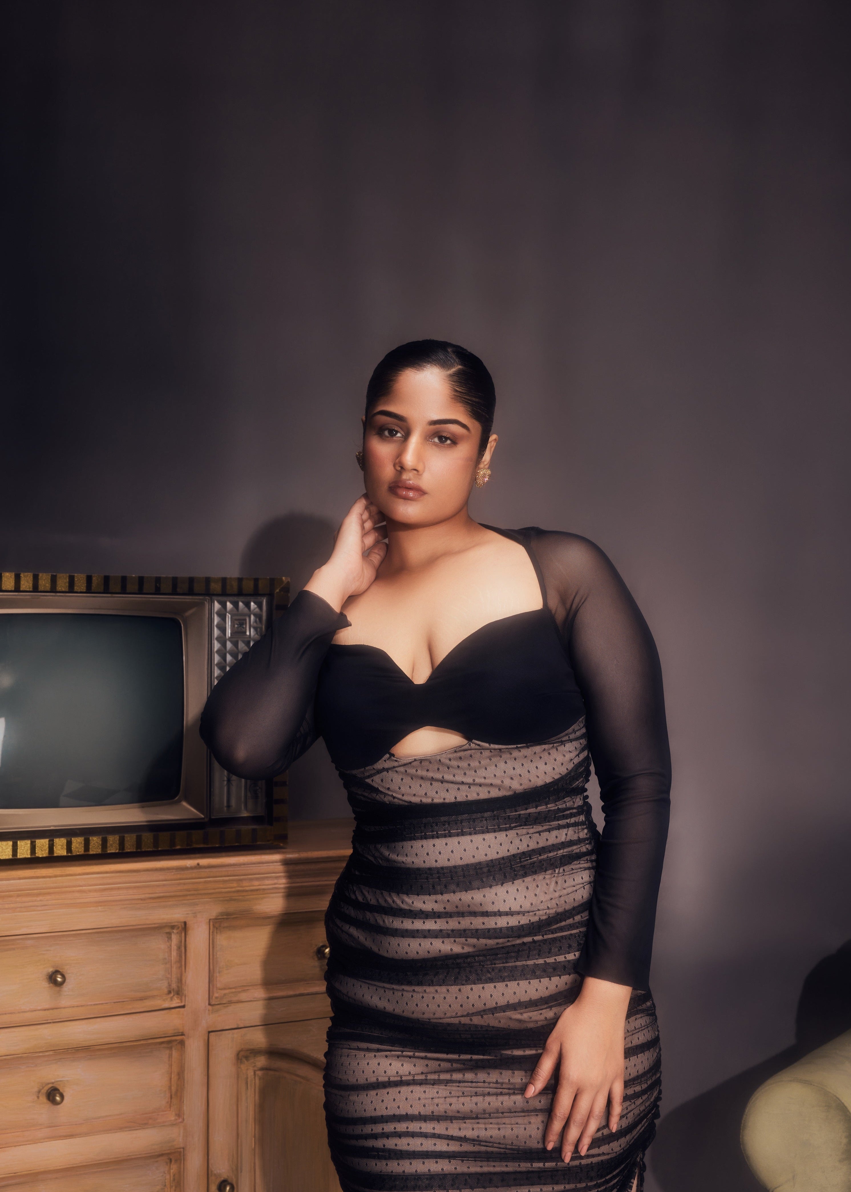 Zorina Black and Nude Ruched Mesh Bodycon Dress