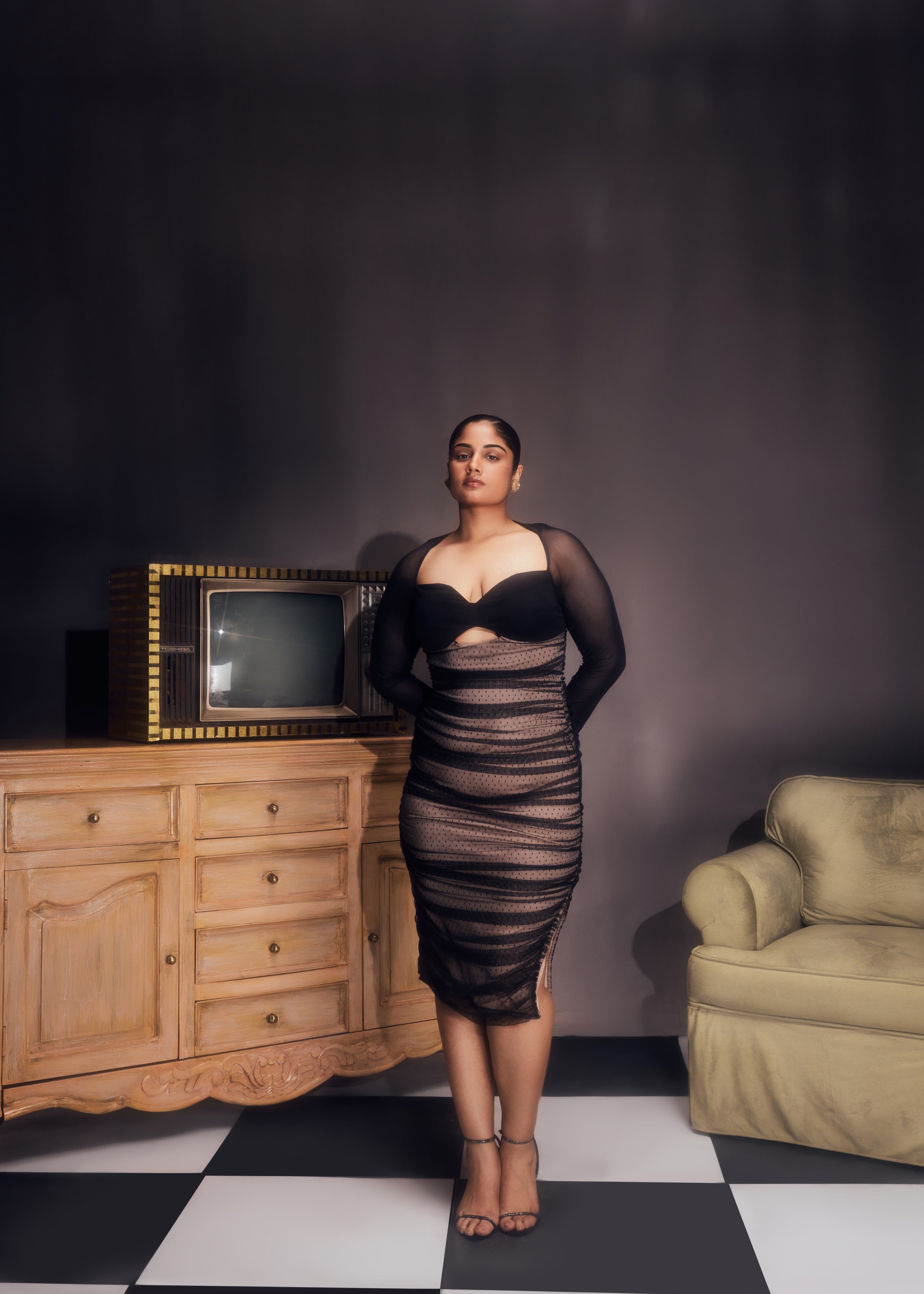 Zorina Black and Nude Ruched Mesh Bodycon Dress