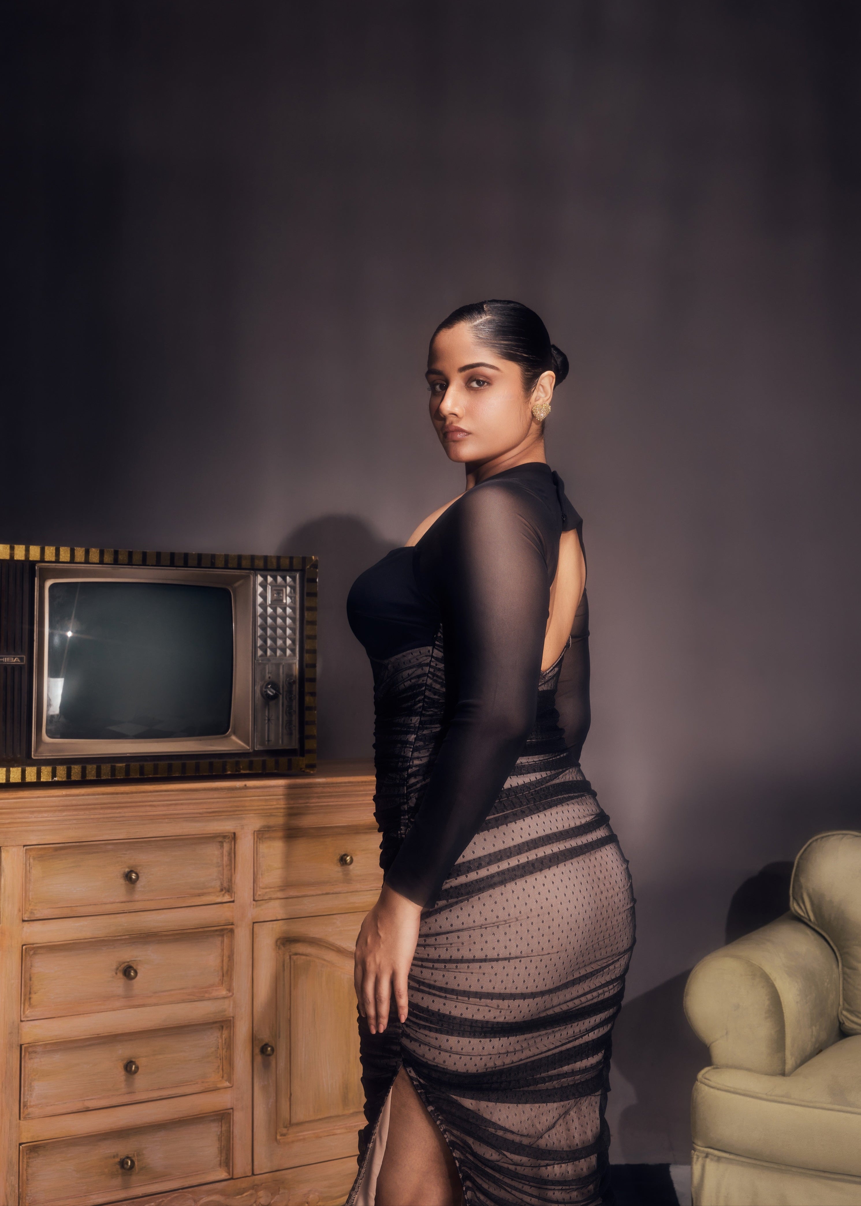 Zorina Black and Nude Ruched Mesh Bodycon Dress