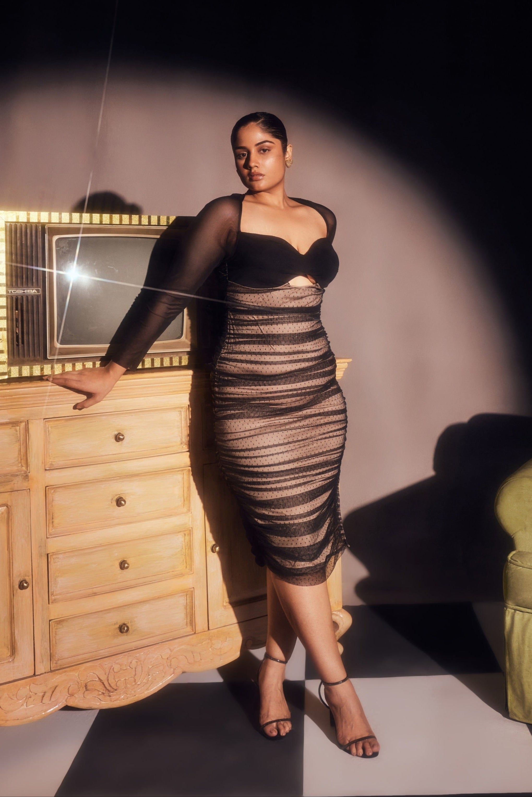 Zorina Black and Nude Ruched Mesh Bodycon Dress