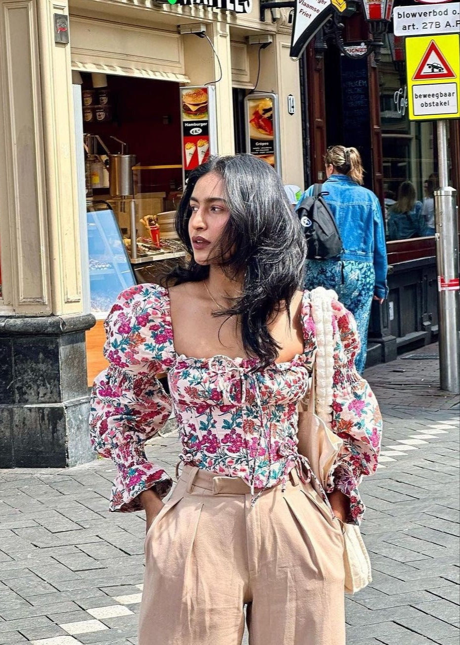 Dianna Embroidered Puff Sleeve Corset Top