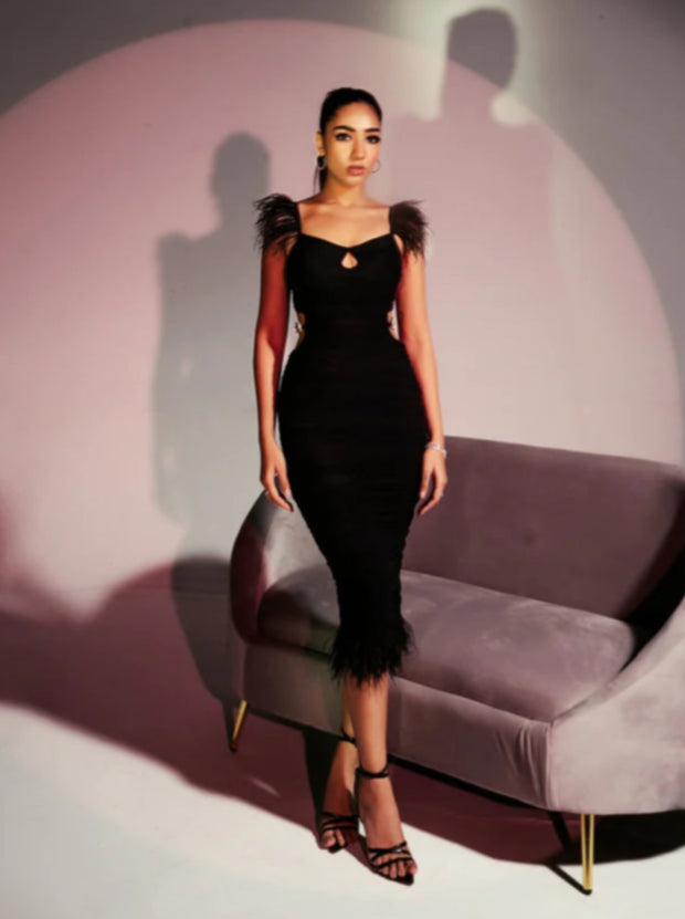 Alana Black Feather + Rhinestone Ruched Midi Dress