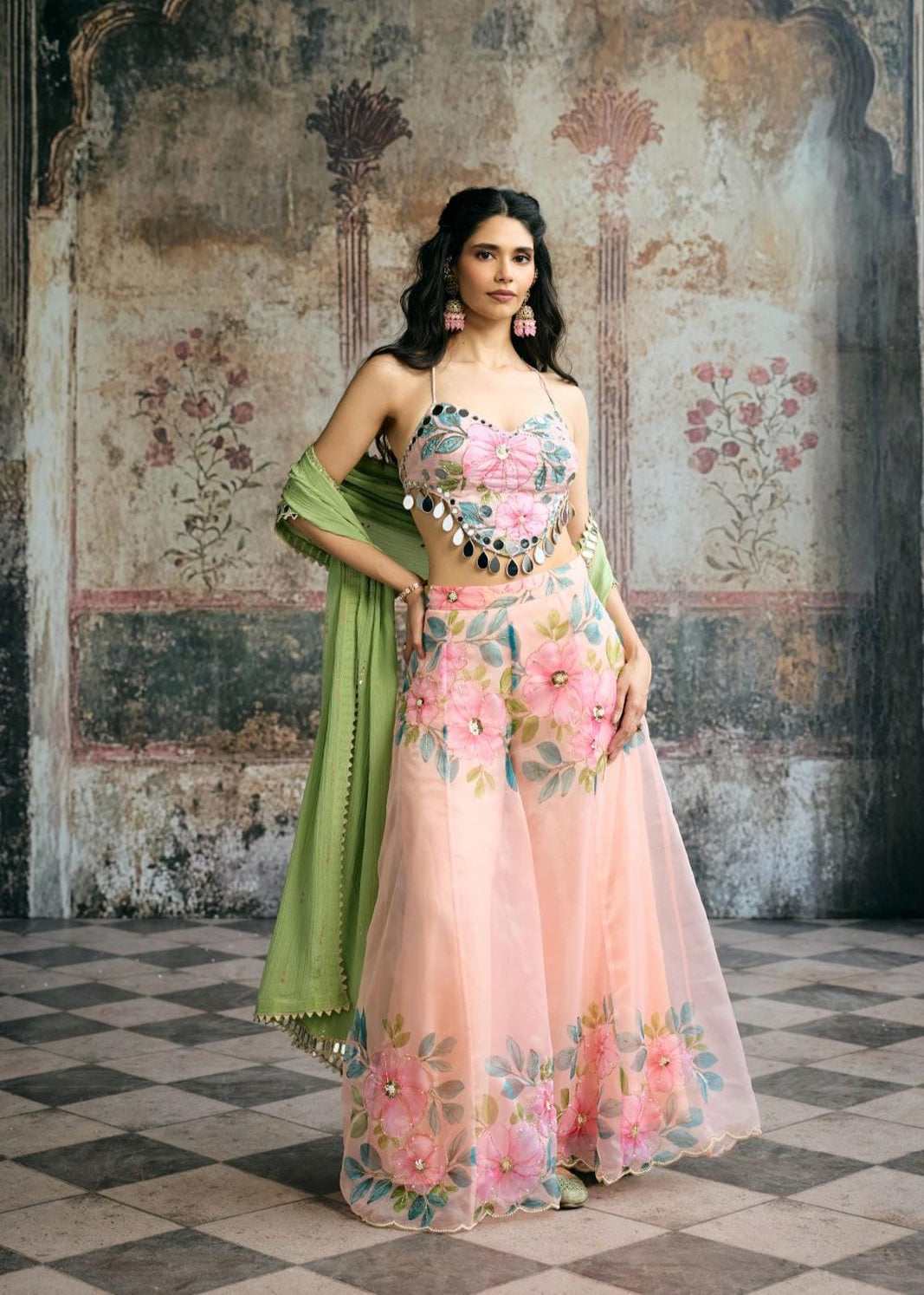 Naira Peach Floral Organza Mirror Hand Embroidered Co-ord Set