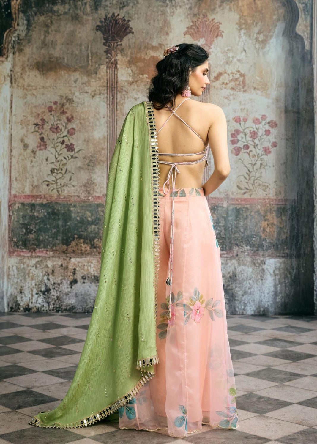 Naira Peach Floral Organza Mirror Hand Embroidered Co-ord Set