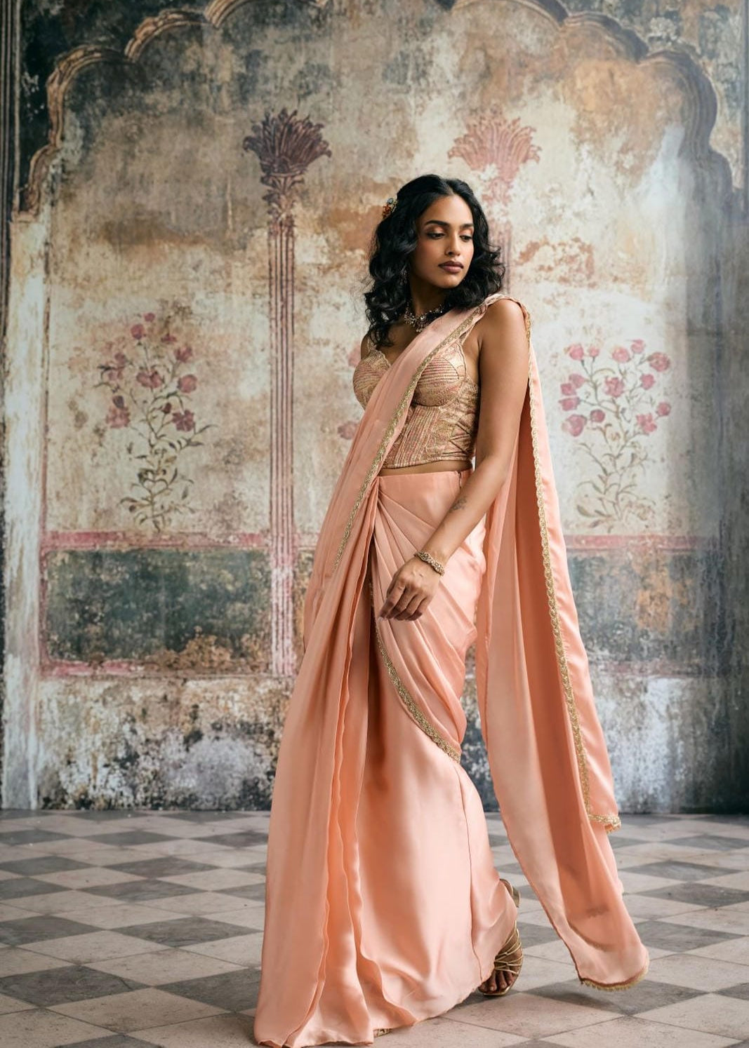 Lehar Peach Satin Georgette and Banarasi Brocade Corset Saree Set