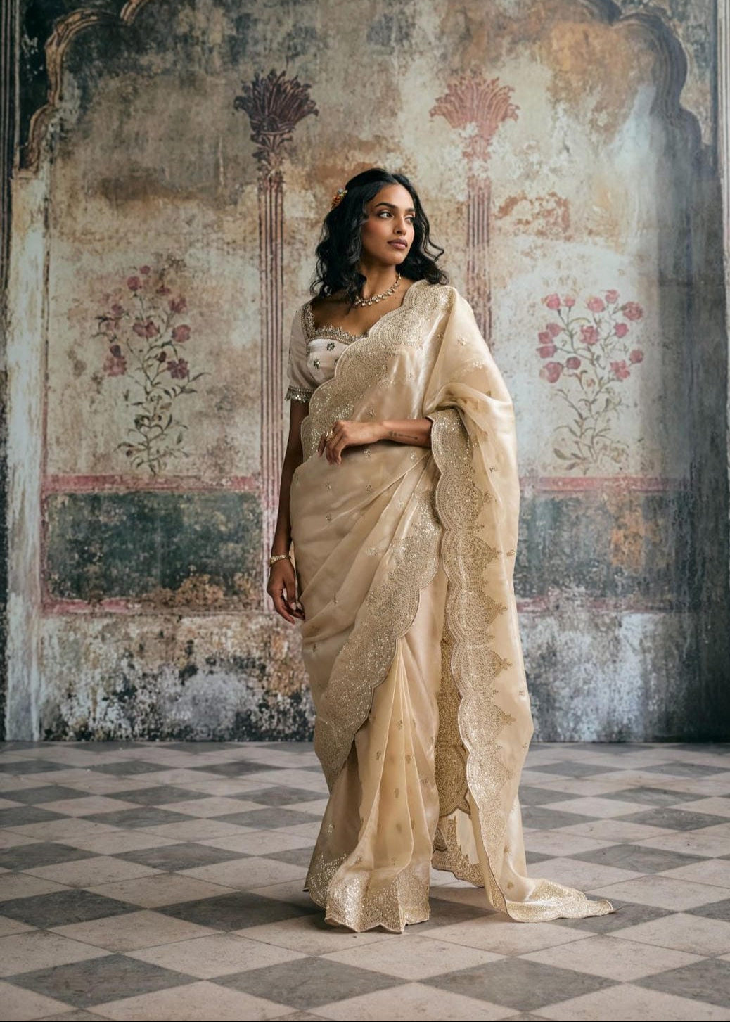 Aarzoo Champagne Silk Tissue Pre-Draped Saree Set