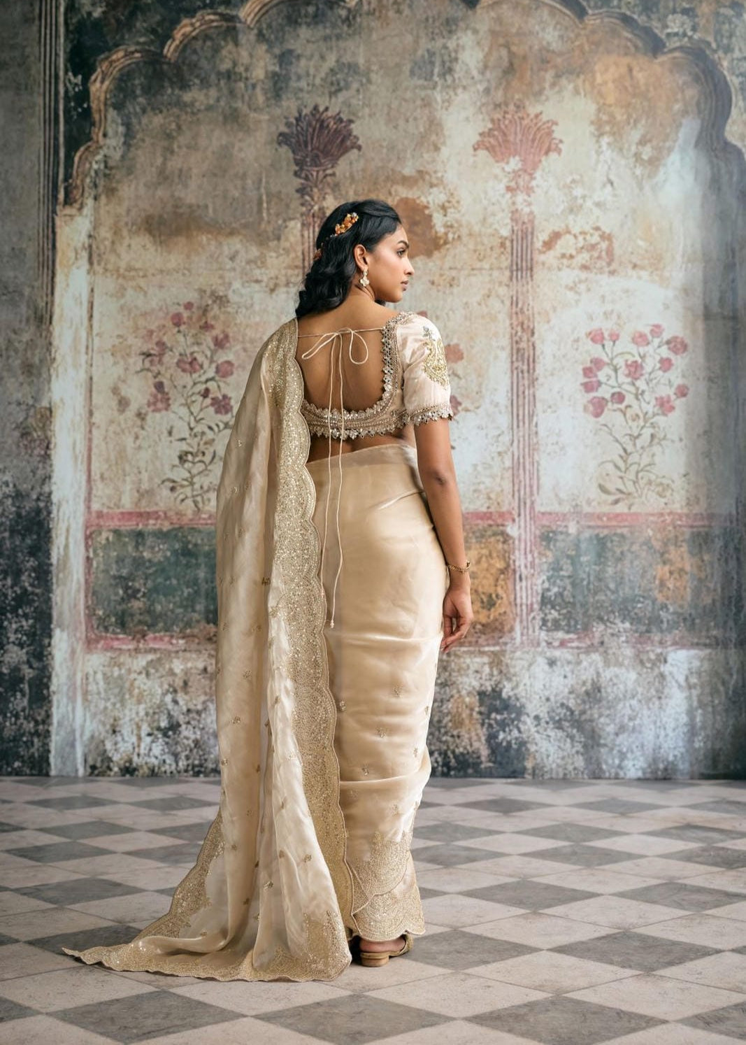 Aarzoo Champagne Silk Tissue Pre-Draped Saree Set