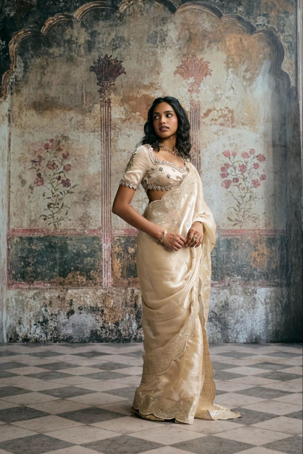 Aarzoo Champagne Silk Tissue Pre-Draped Saree Set