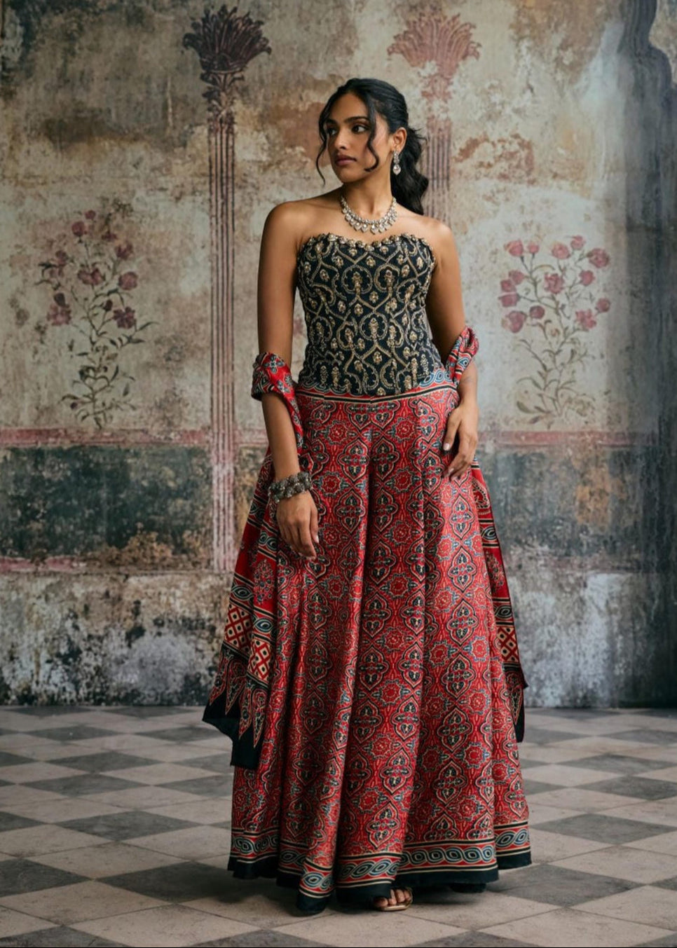 Rhea Ajrakh Hand Embroidered Corset Gharara Set
